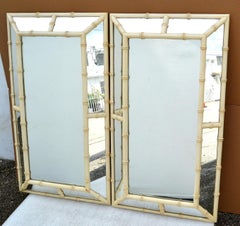 Pair 1970 Palm Beach Regency Vintage Faux Bamboo Off White Faceted Wall Mirrors