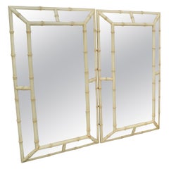 Pair 1970 Palm Beach Regency Vintage Faux Bamboo Off White Faceted Wall Mirrors