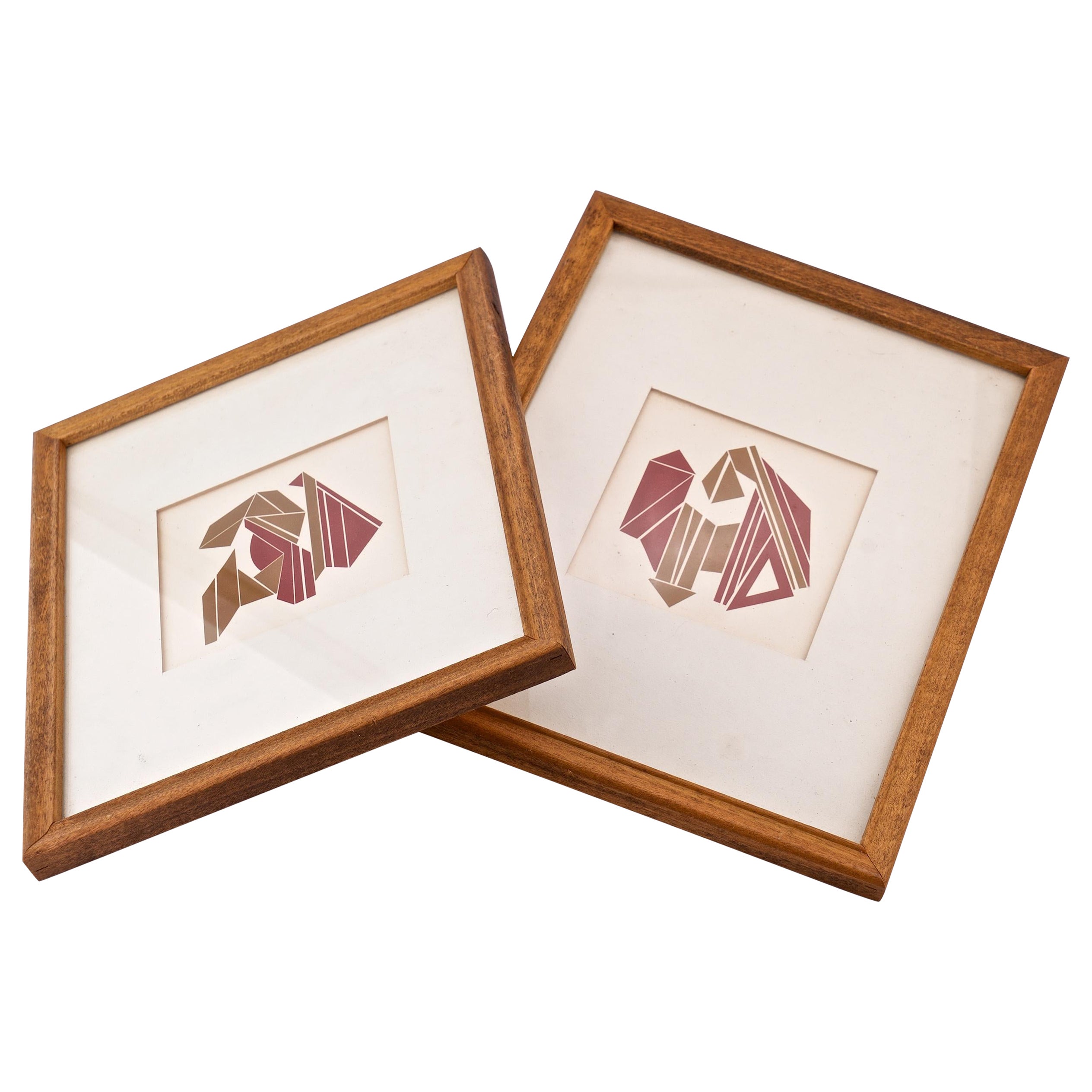 Pair 1970s Abstract Geometric Art Red Black on Paper Framed St. Simon Island For Sale