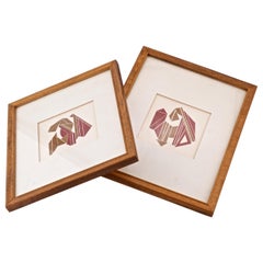Pair 1970s Abstract Geometric Art Red Black on Paper Framed St. Simon Island