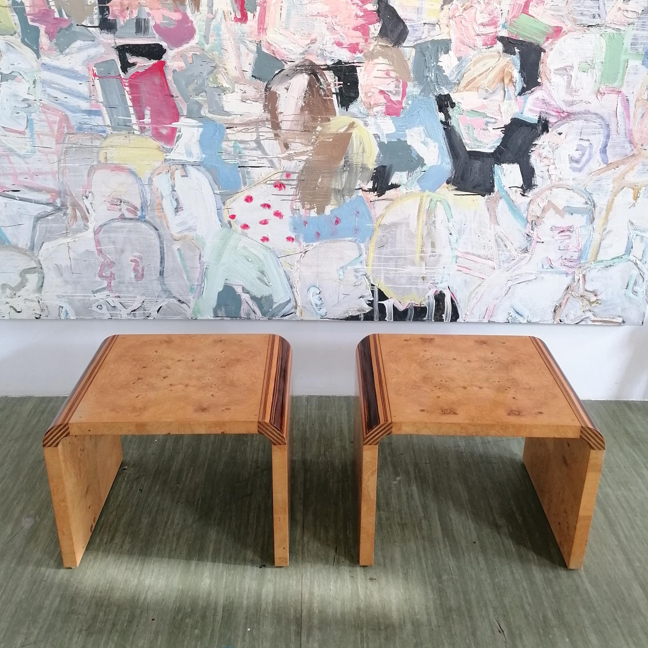 Mid-Century Modern Pair 1970s American waterfall burr olivewood side tables by Henredon 'Scene Two'