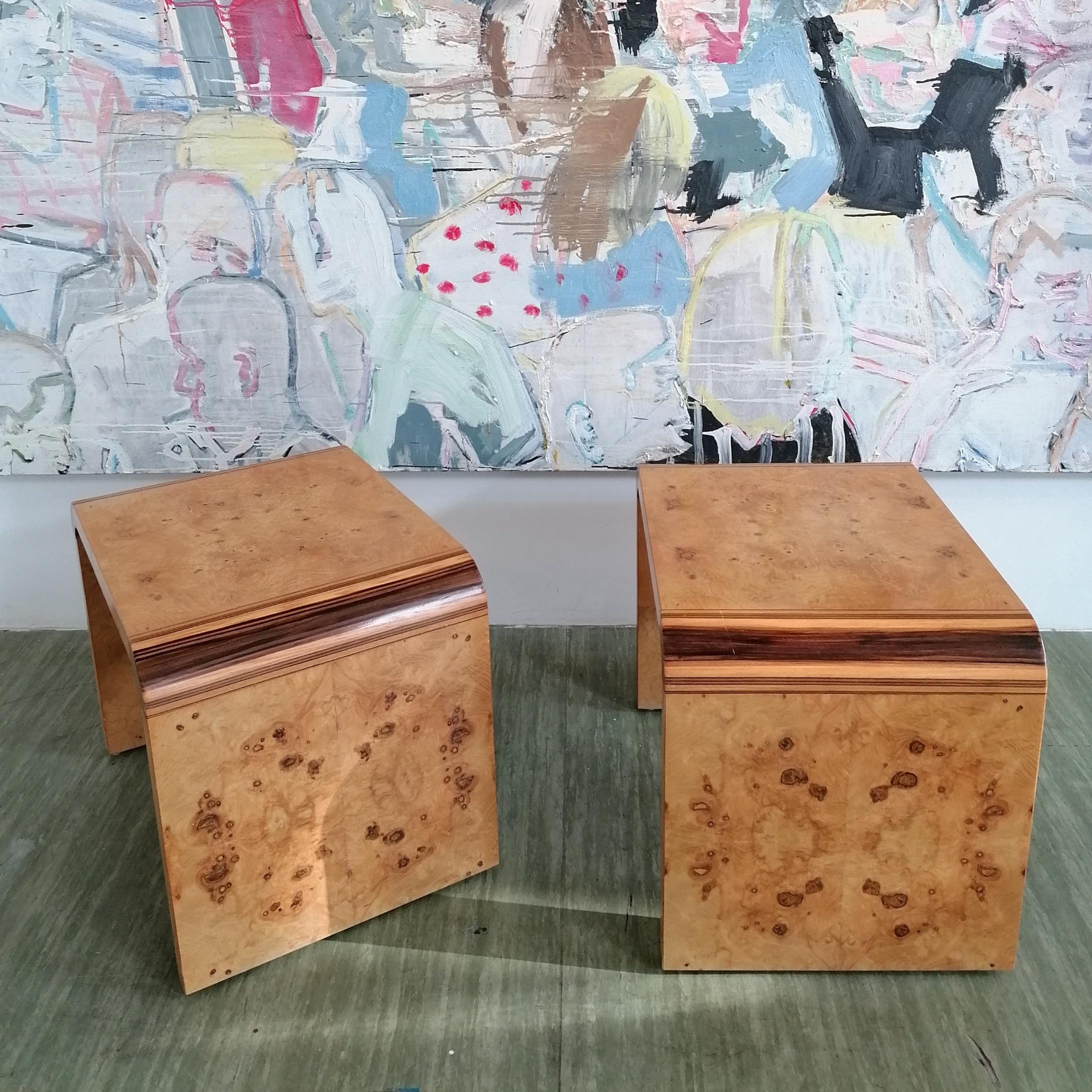 Macassar Pair 1970s American waterfall burr olivewood side tables by Henredon 'Scene Two'