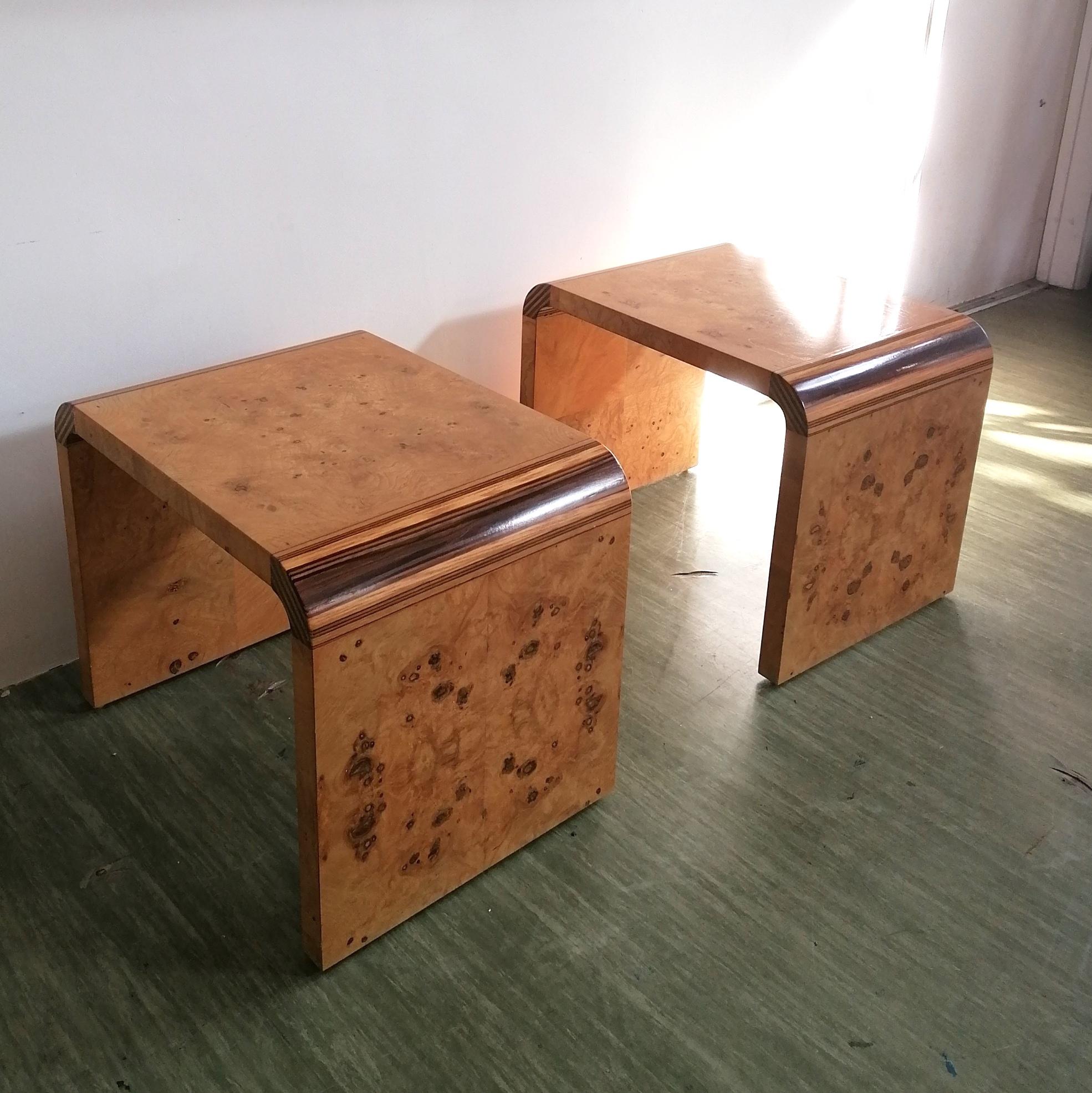 Pair 1970s American waterfall burr olivewood side tables by Henredon 'Scene Two' 1