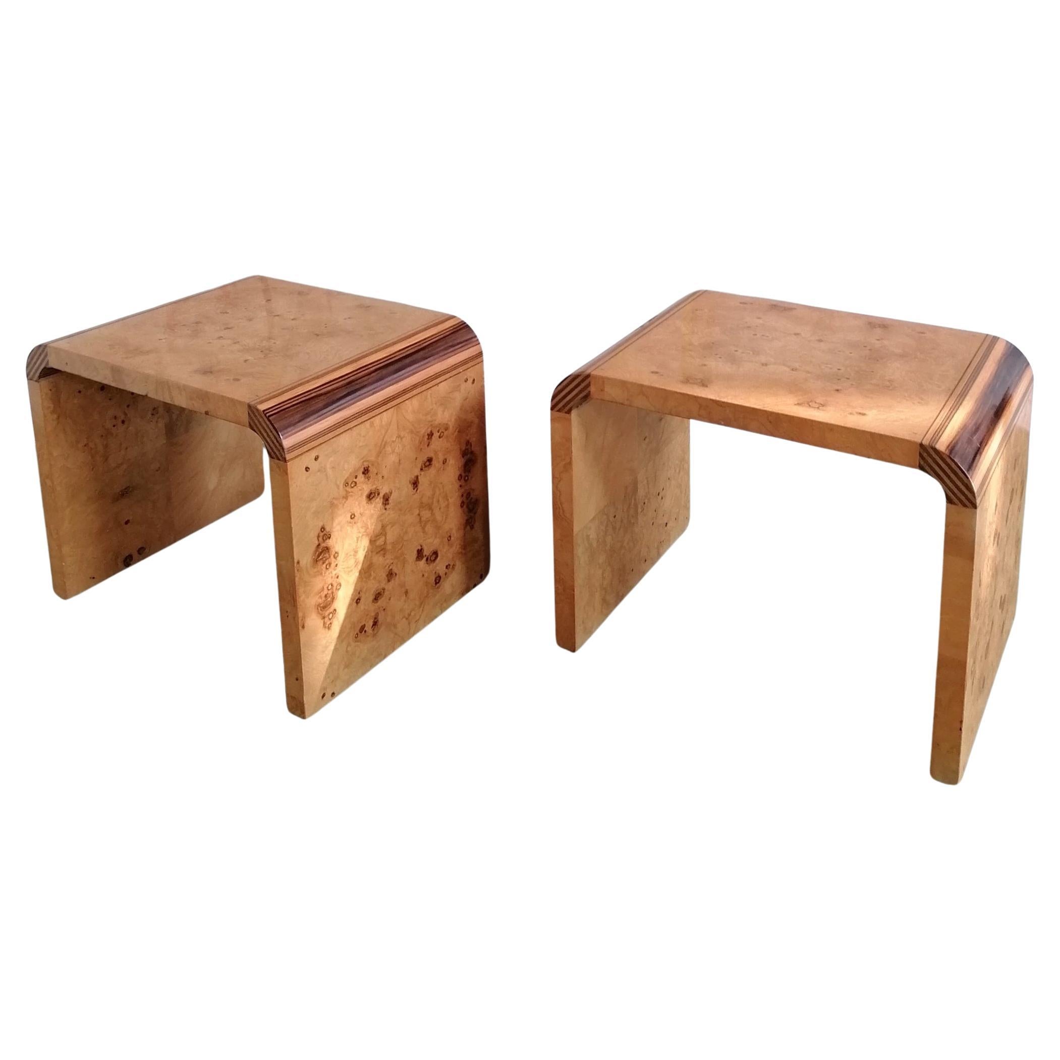 Pair 1970s American waterfall burr olivewood side tables by Henredon 'Scene Two'