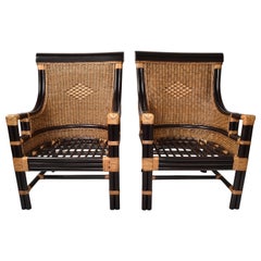 Pair 1970s Bohemian Coastal Woven Rattan Bamboo High Back Armchairs Black Ebony