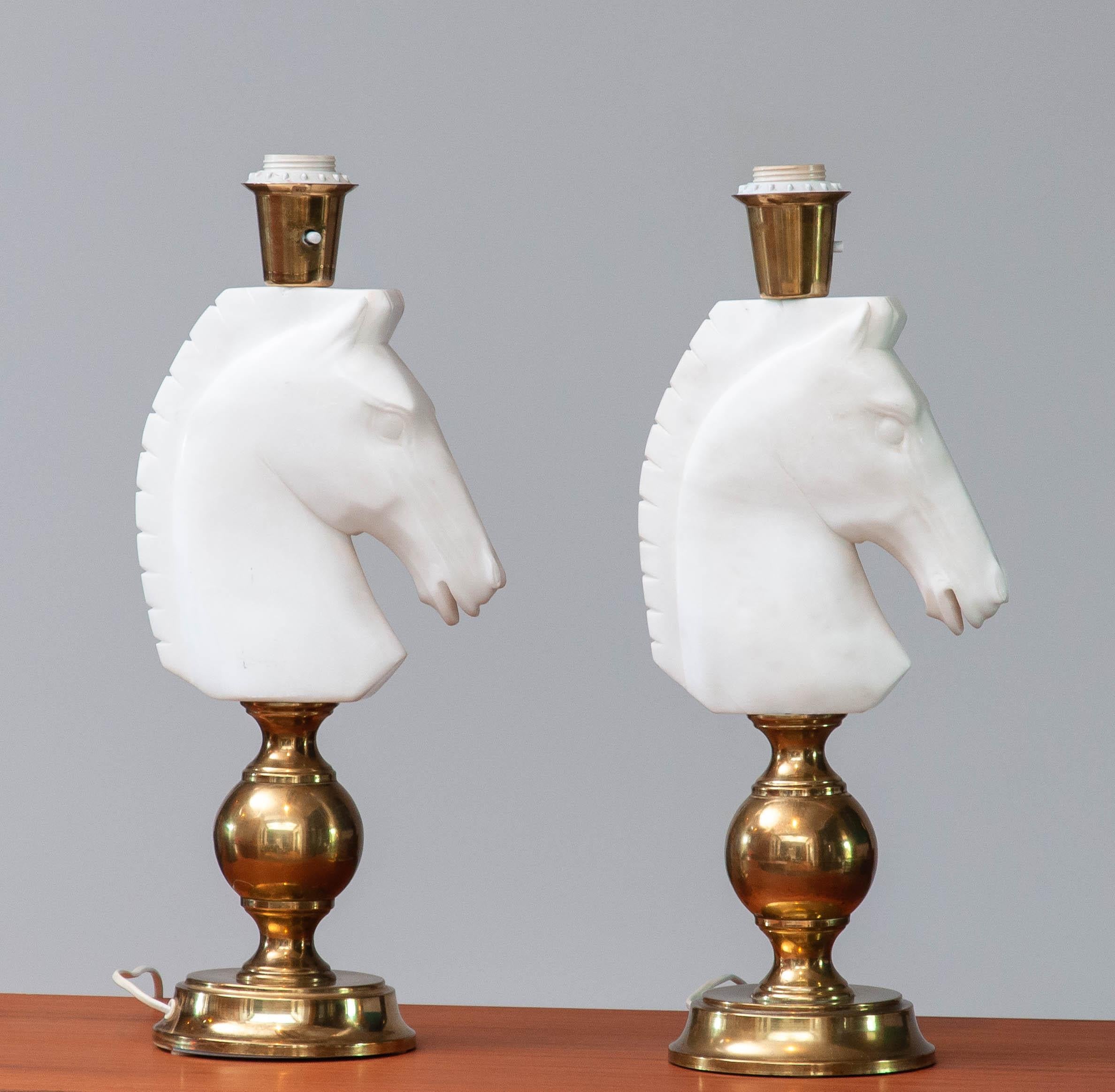Organic Modern Pair 1970's Brass Table Lamps with Large White Italian Alabaster Horse Heads For Sale
