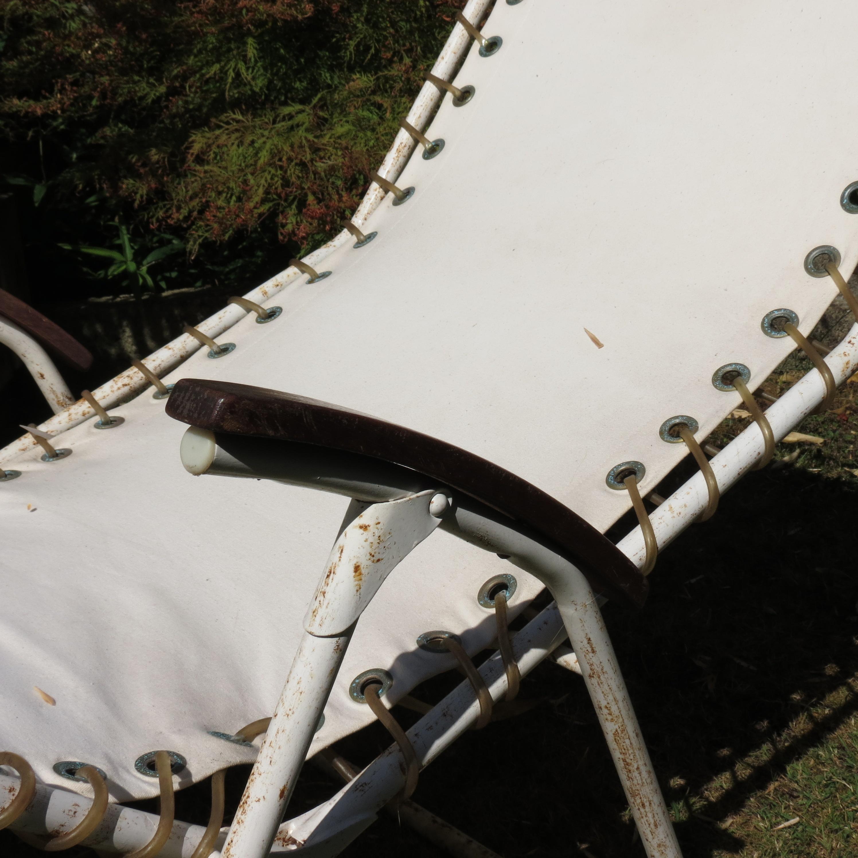 Pair 1970s Canvas and Metal Reclining Garden Sun Lounger Chairs 2