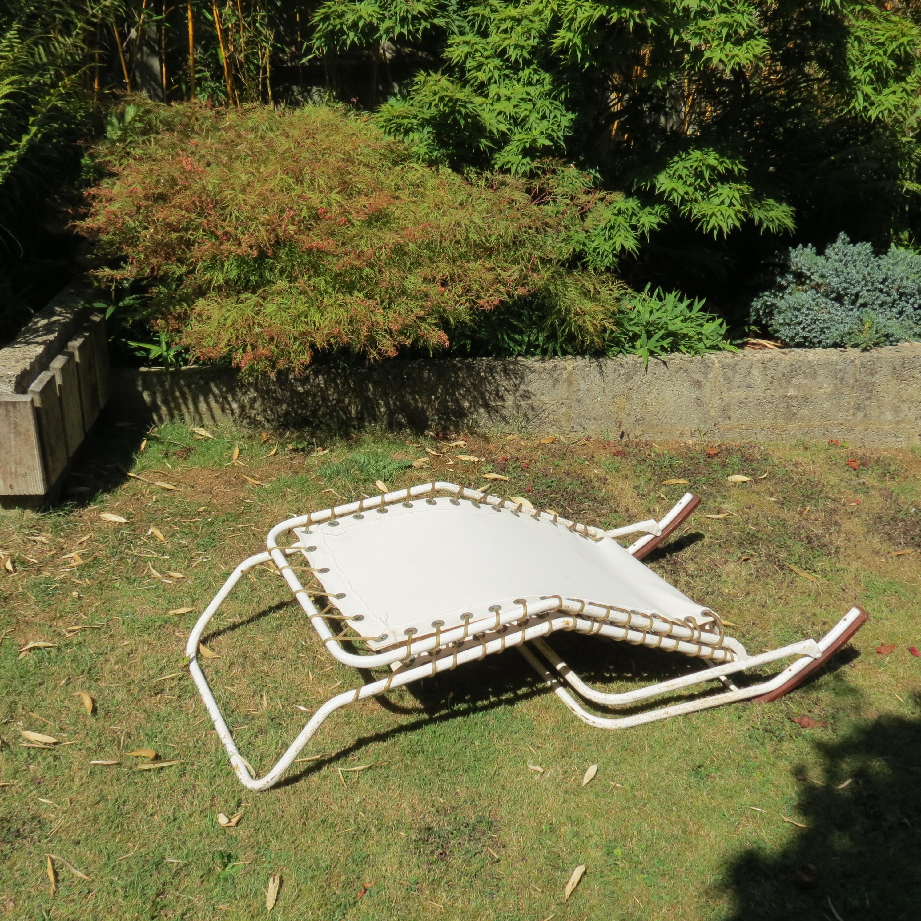 Pair 1970s Canvas and Metal Reclining Garden Sun Lounger Chairs 4