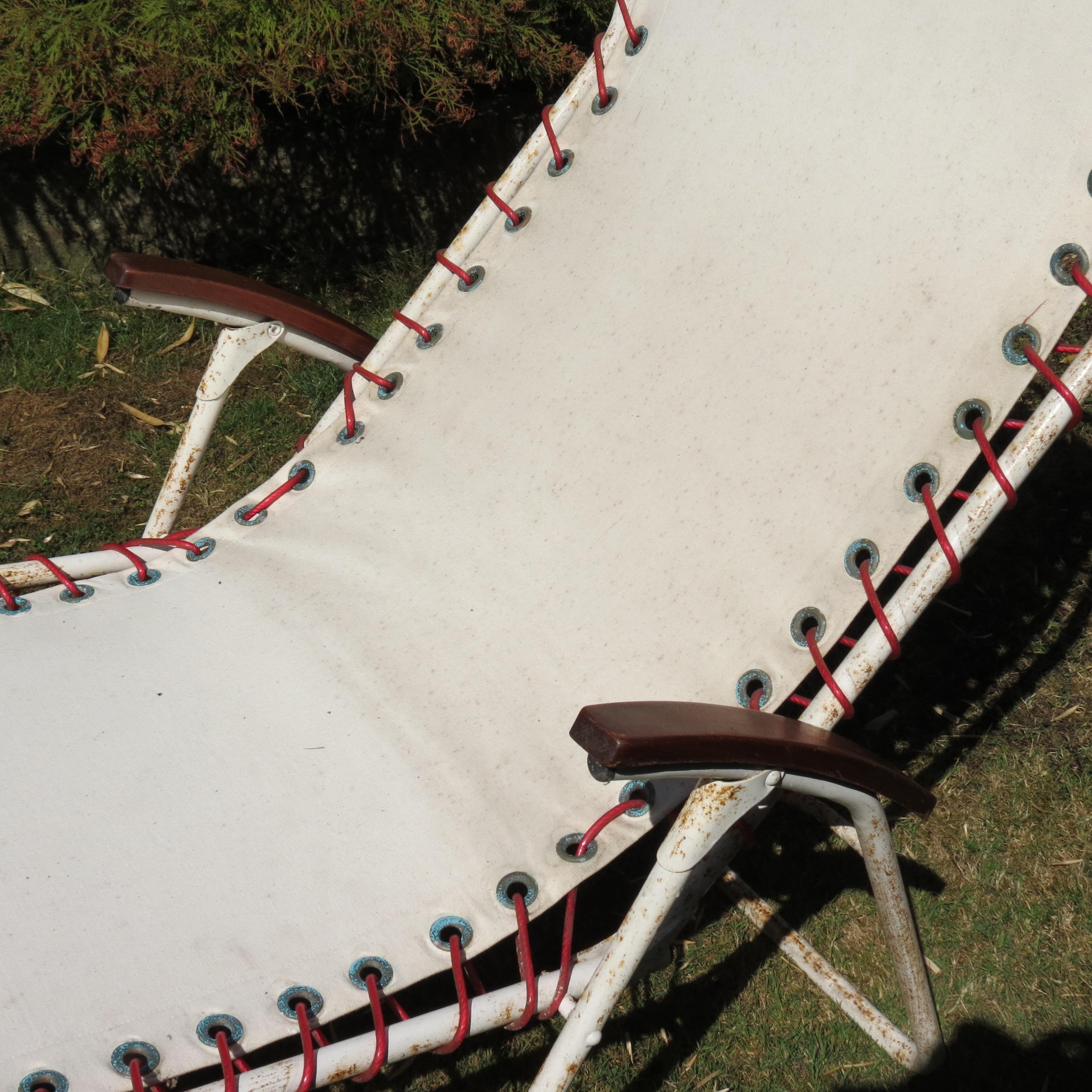 Pair 1970s Canvas and Metal Reclining Garden Sun Lounger Chairs 5