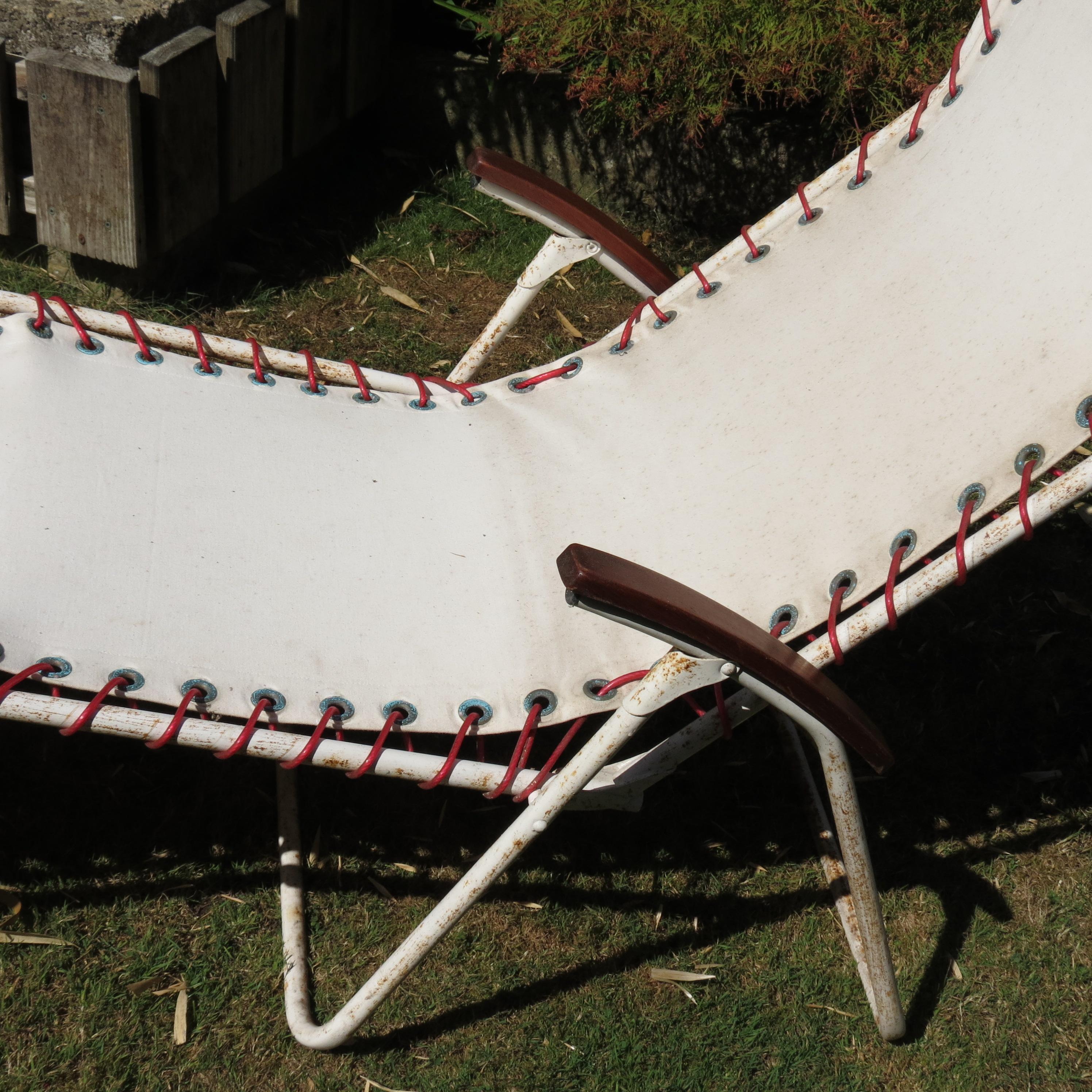 Pair 1970s Canvas and Metal Reclining Garden Sun Lounger Chairs 6