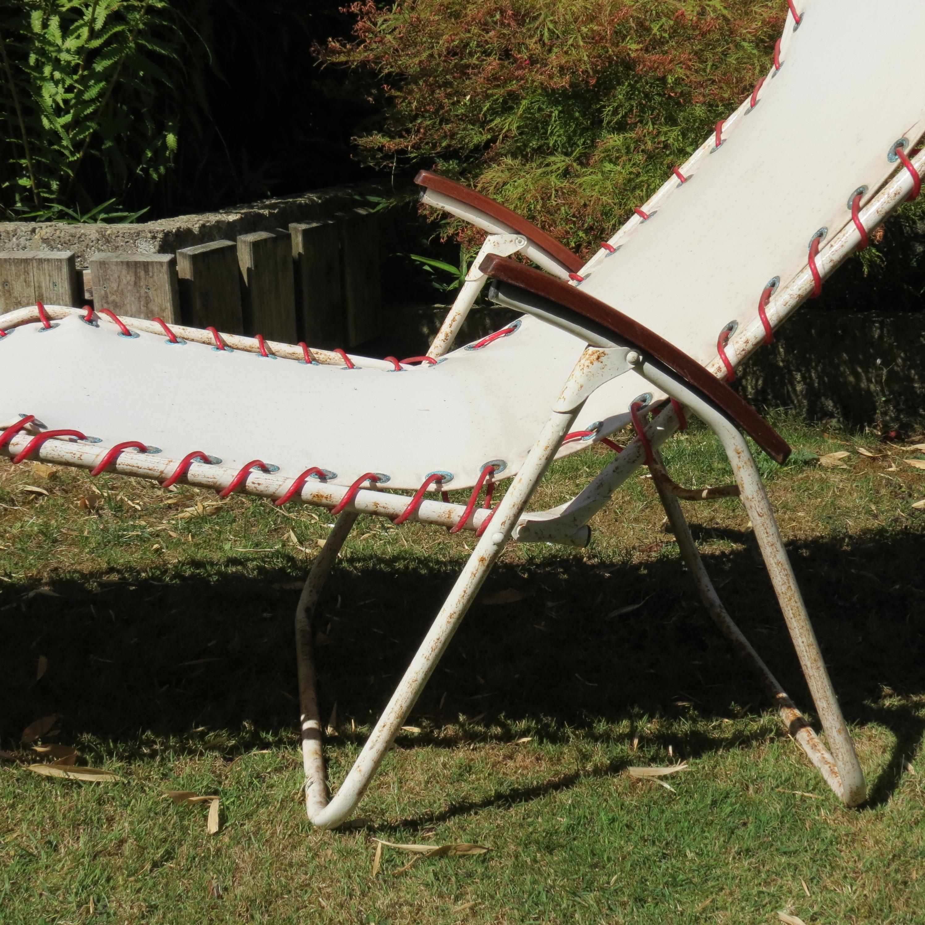 Pair 1970s Canvas and Metal Reclining Garden Sun Lounger Chairs 8