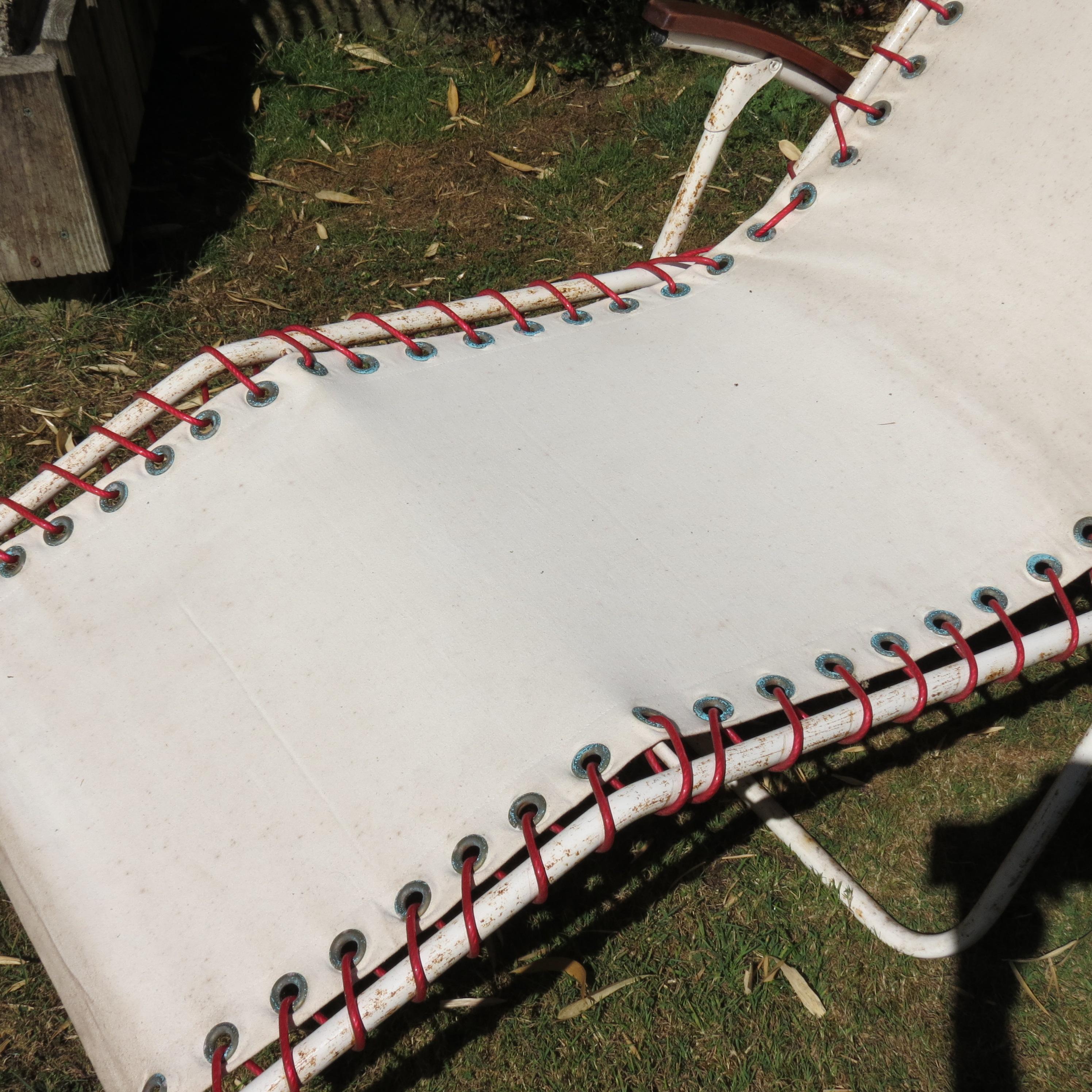 Pair 1970s Canvas and Metal Reclining Garden Sun Lounger Chairs 8