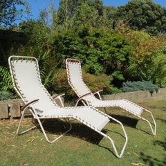 Pair 1970s Canvas and Metal Reclining Garden Sun Lounger Chairs
