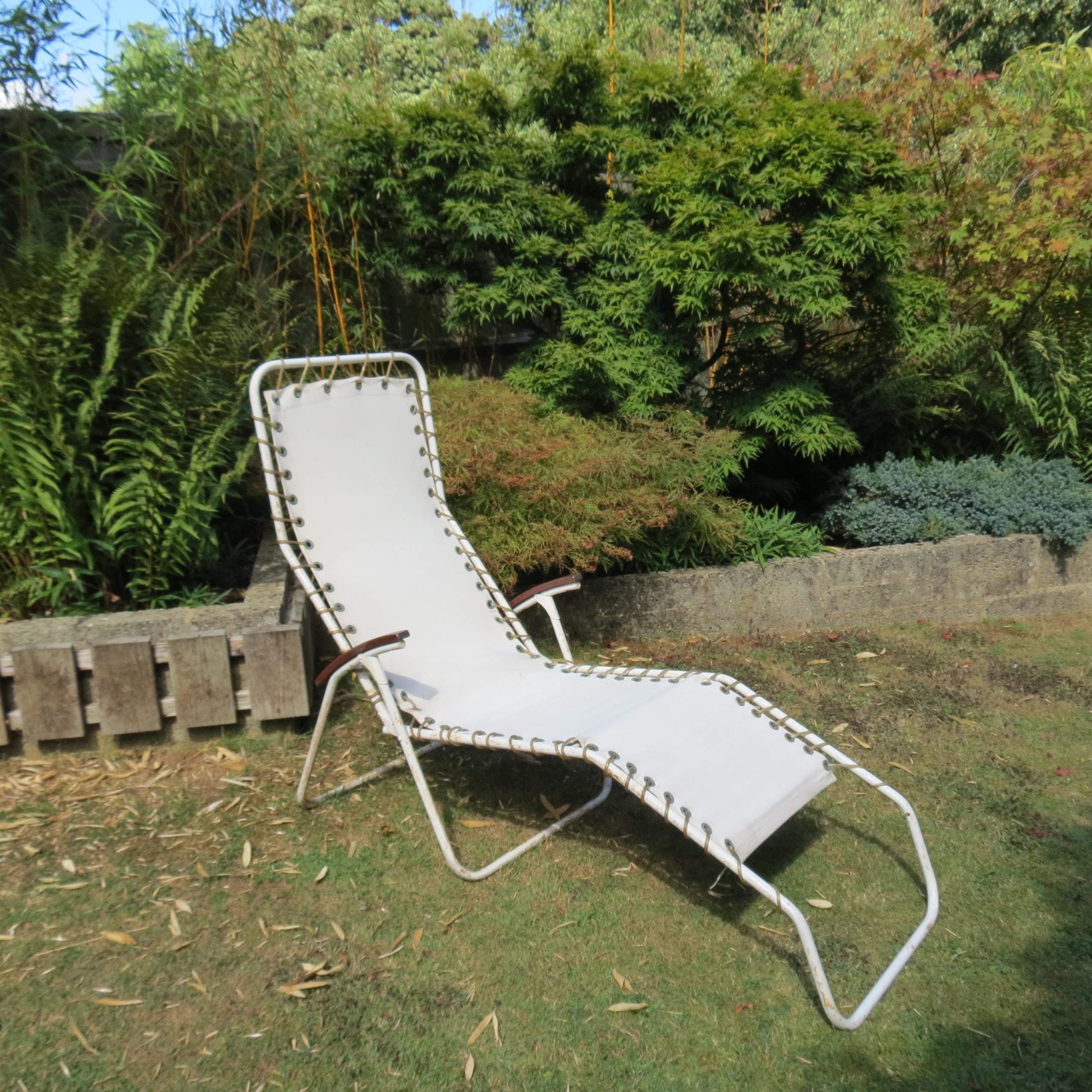Mid-Century Modern Pair 1970s Canvas and Metal Reclining Garden Sun Lounger Chairs
