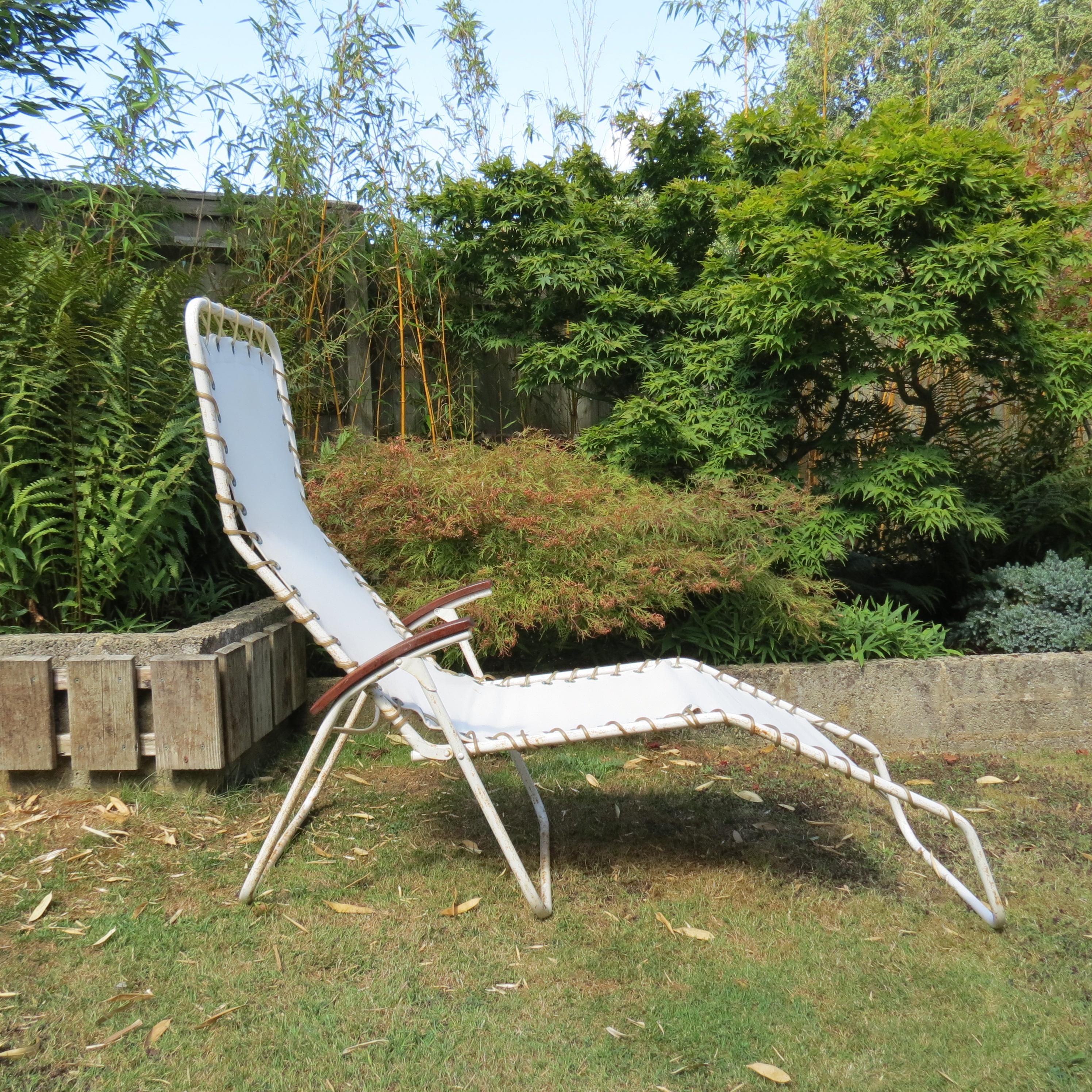 English Pair 1970s Canvas and Metal Reclining Garden Sun Lounger Chairs