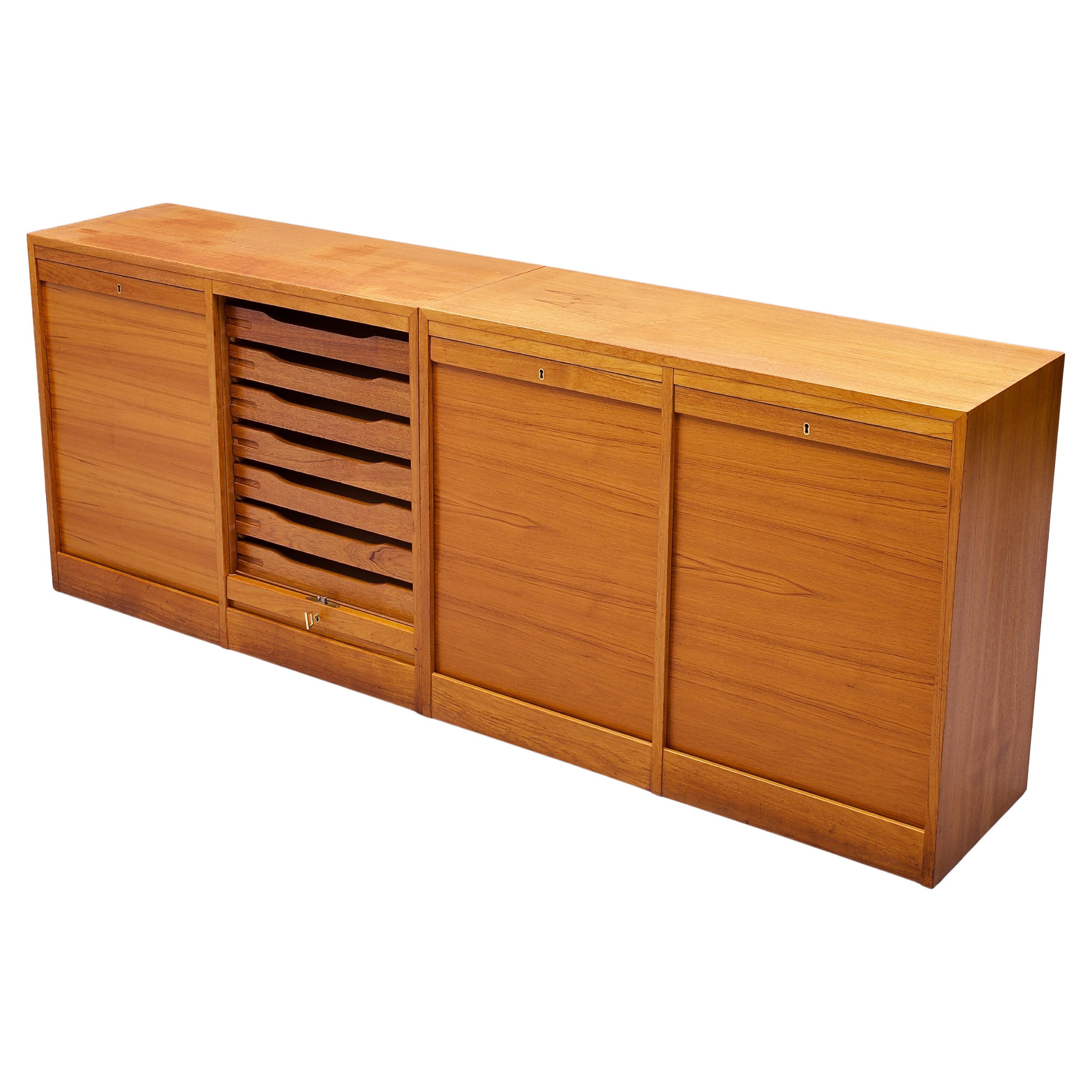 Pair 1970s Danish Teak Tambour Door File Cabinets Chest of Drawers as Credenza