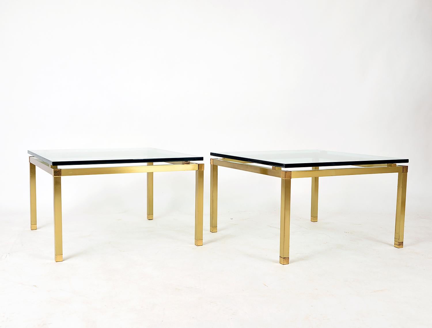 Pair 1970s French Lamp Side Occasional Tables Brass Glass Hollywood Regency In Good Condition For Sale In Sherborne, Dorset