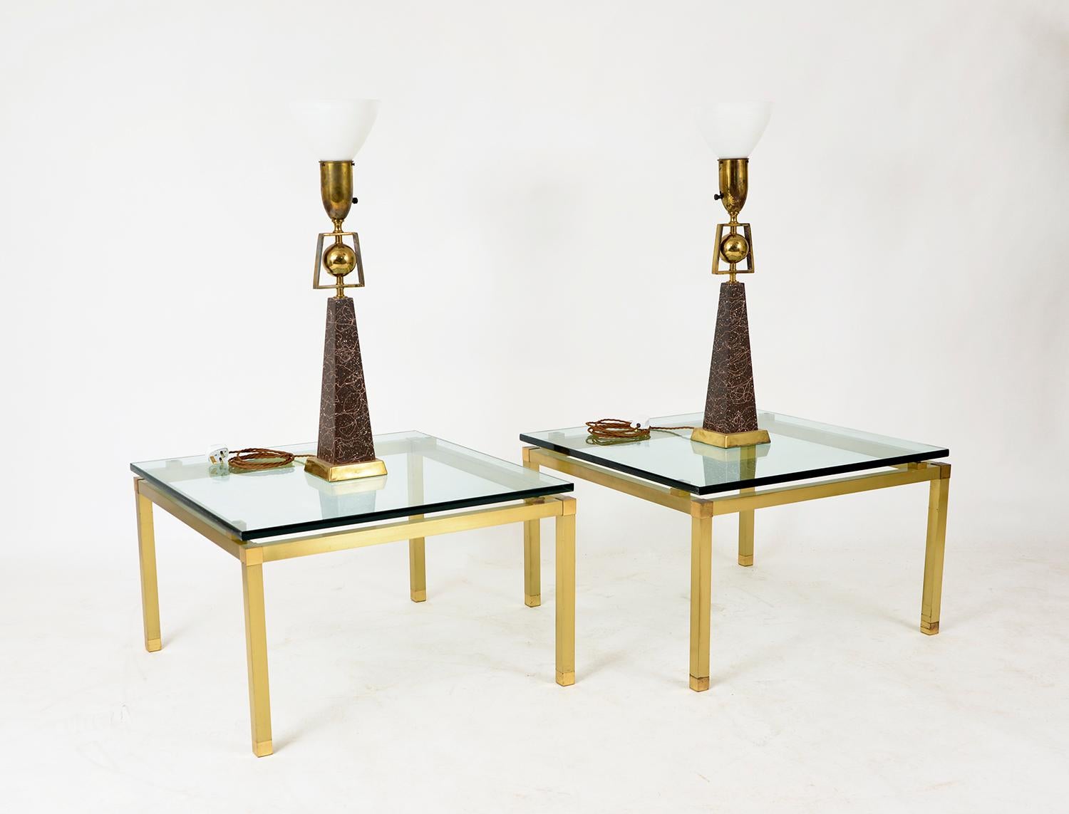 20th Century Pair 1970s French Lamp Side Occasional Tables Brass Glass Hollywood Regency For Sale