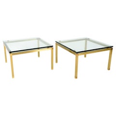 Pair 1970s French Lamp Side Occasional Tables Brass Glass Hollywood Regency