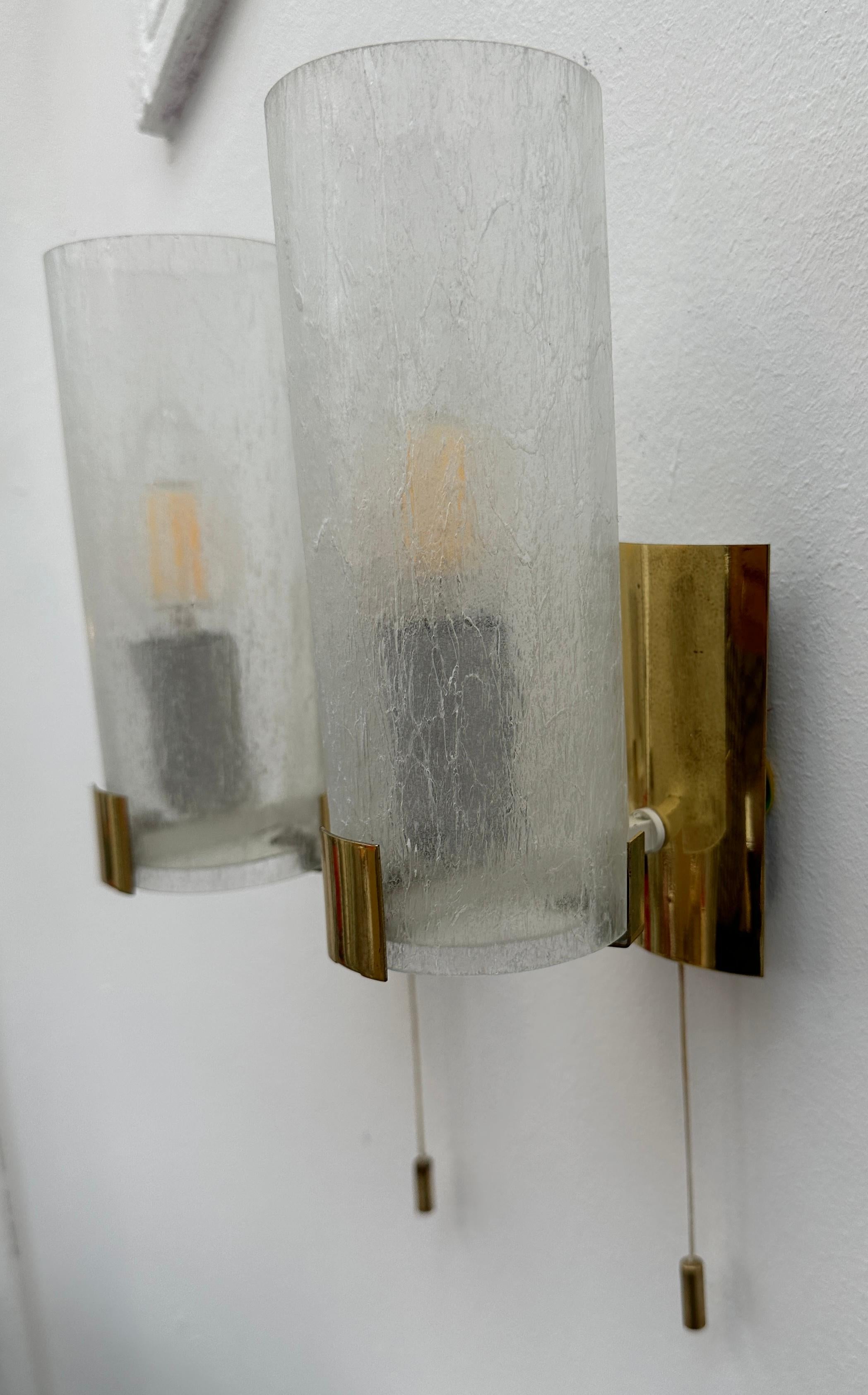 Pair 1970s German Tubular Frosted Glass Wall Lights Sconces Doria Leuchten Style For Sale 5