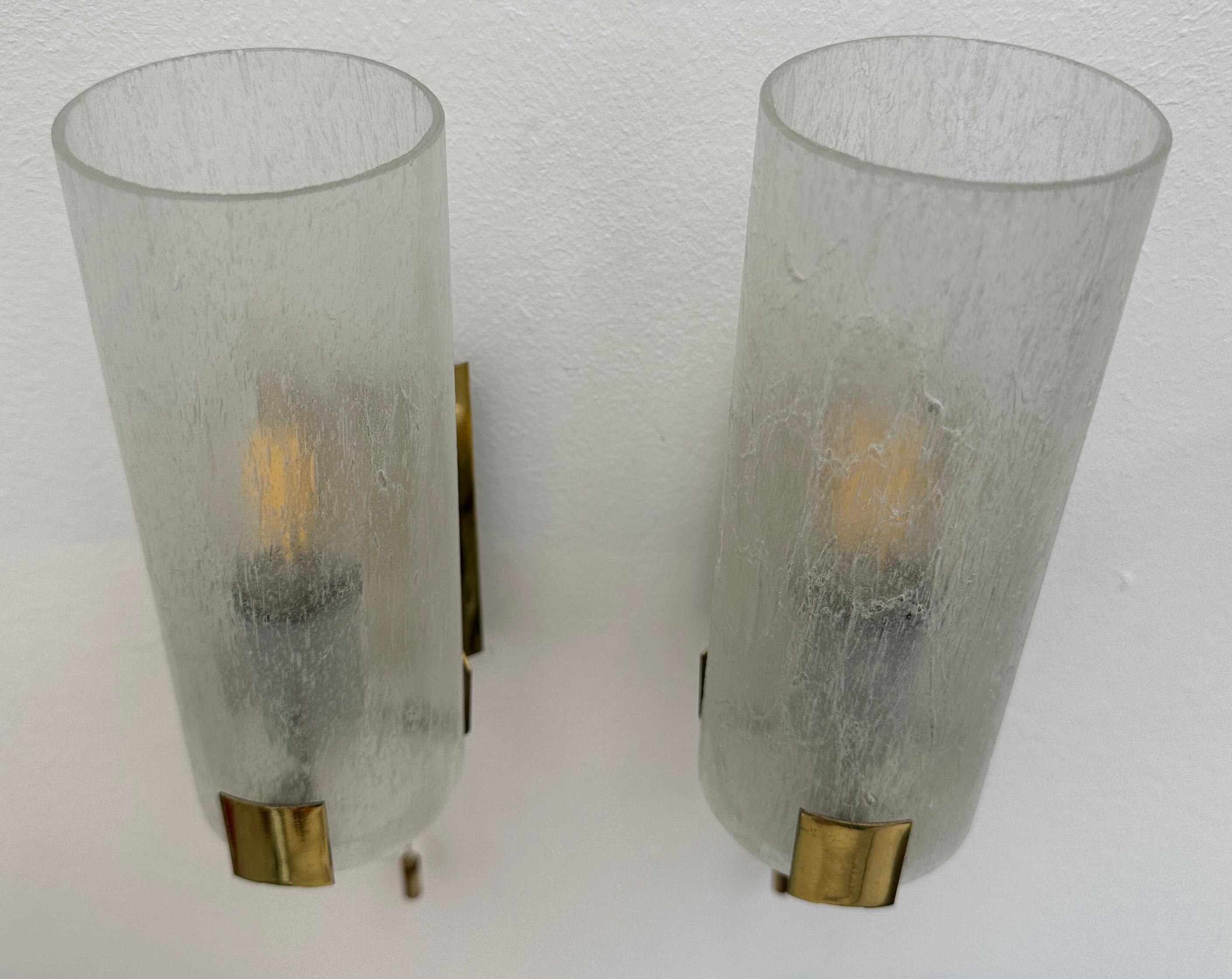 Pair 1970s German Tubular Frosted Glass Wall Lights Sconces Doria Leuchten Style For Sale 6