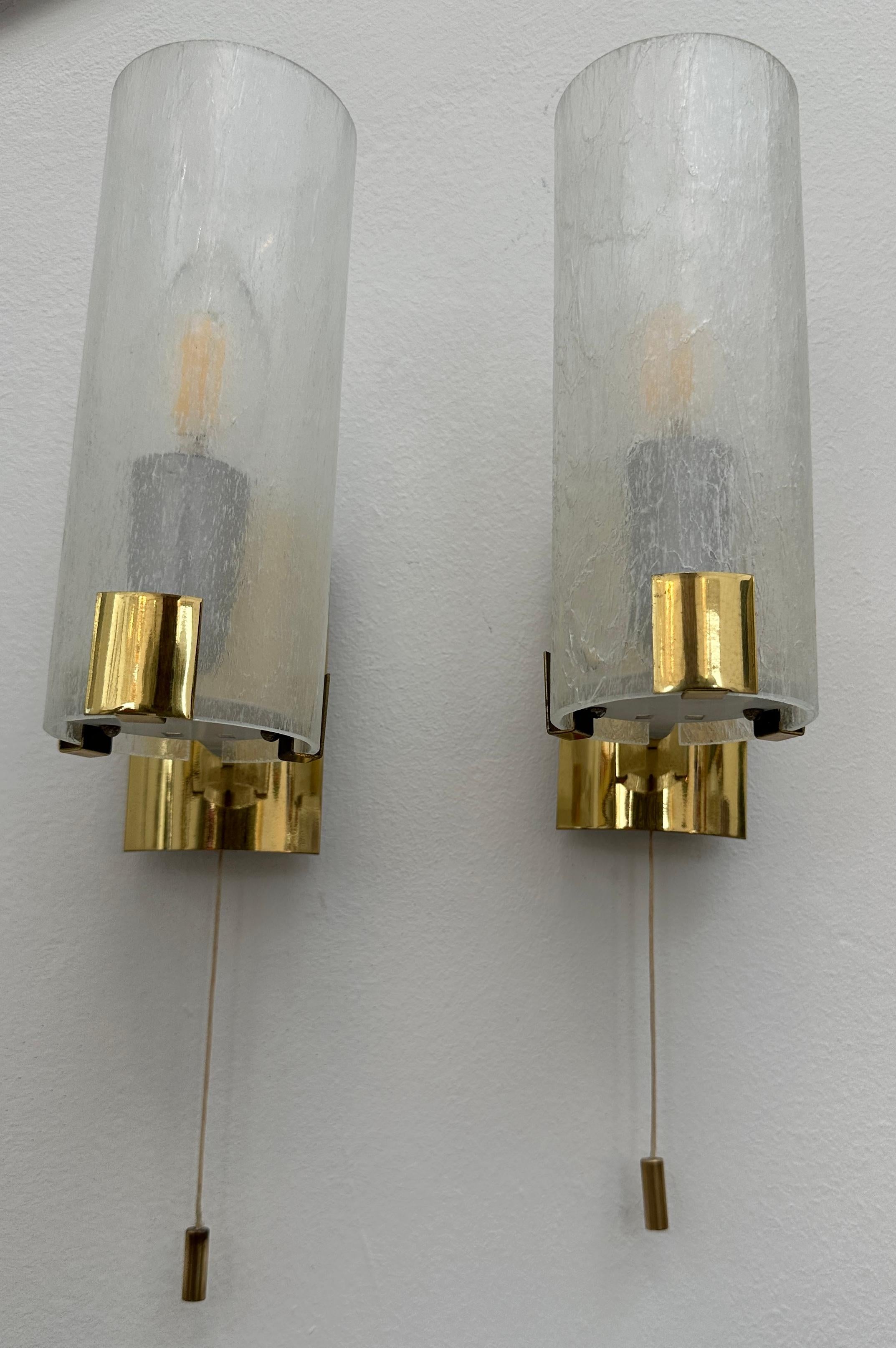Pair 1970s German Tubular Frosted Glass Wall Lights Sconces Doria Leuchten Style For Sale 7