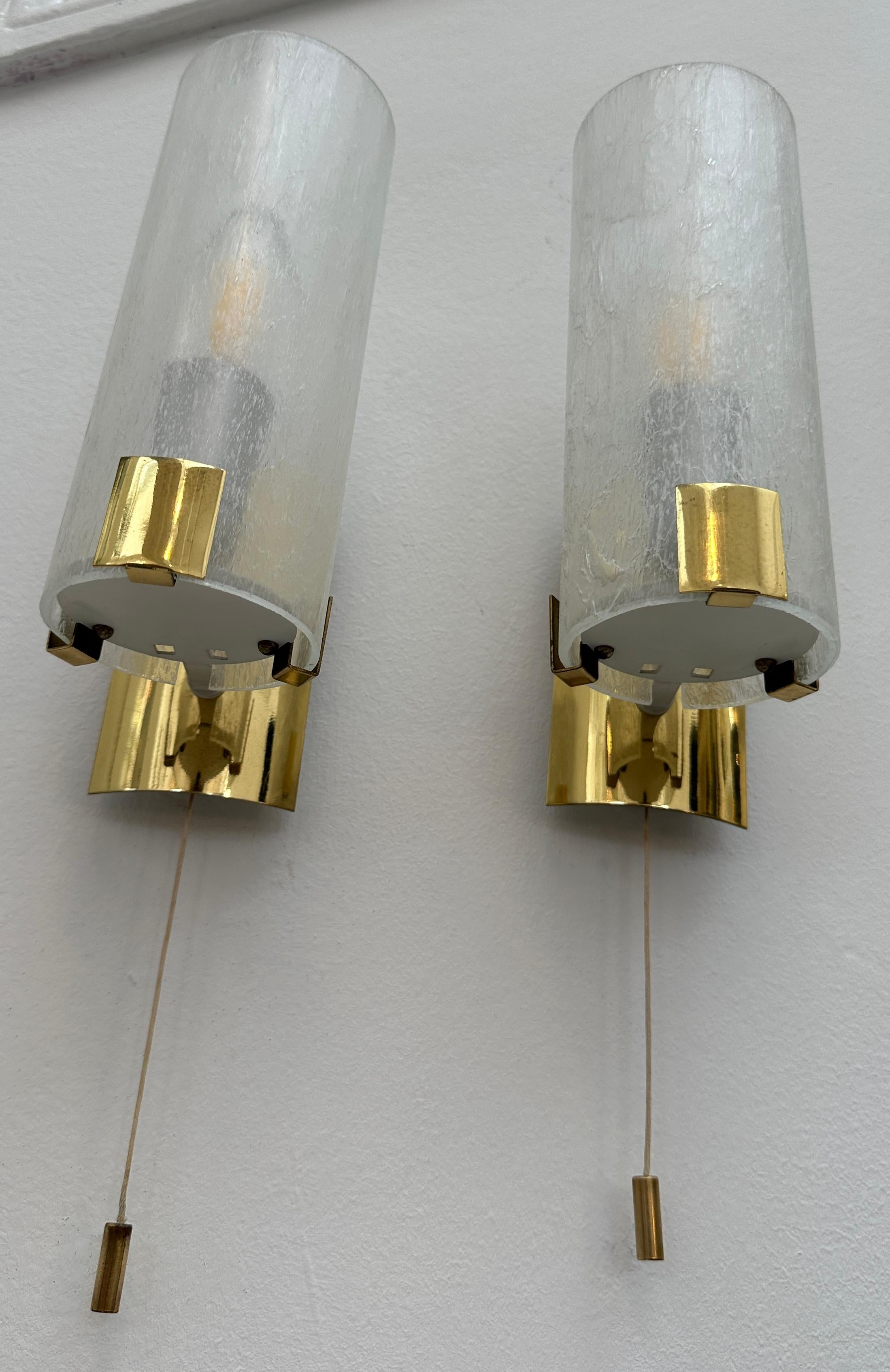 Pair 1970s German Tubular Frosted Glass Wall Lights Sconces Doria Leuchten Style For Sale 8