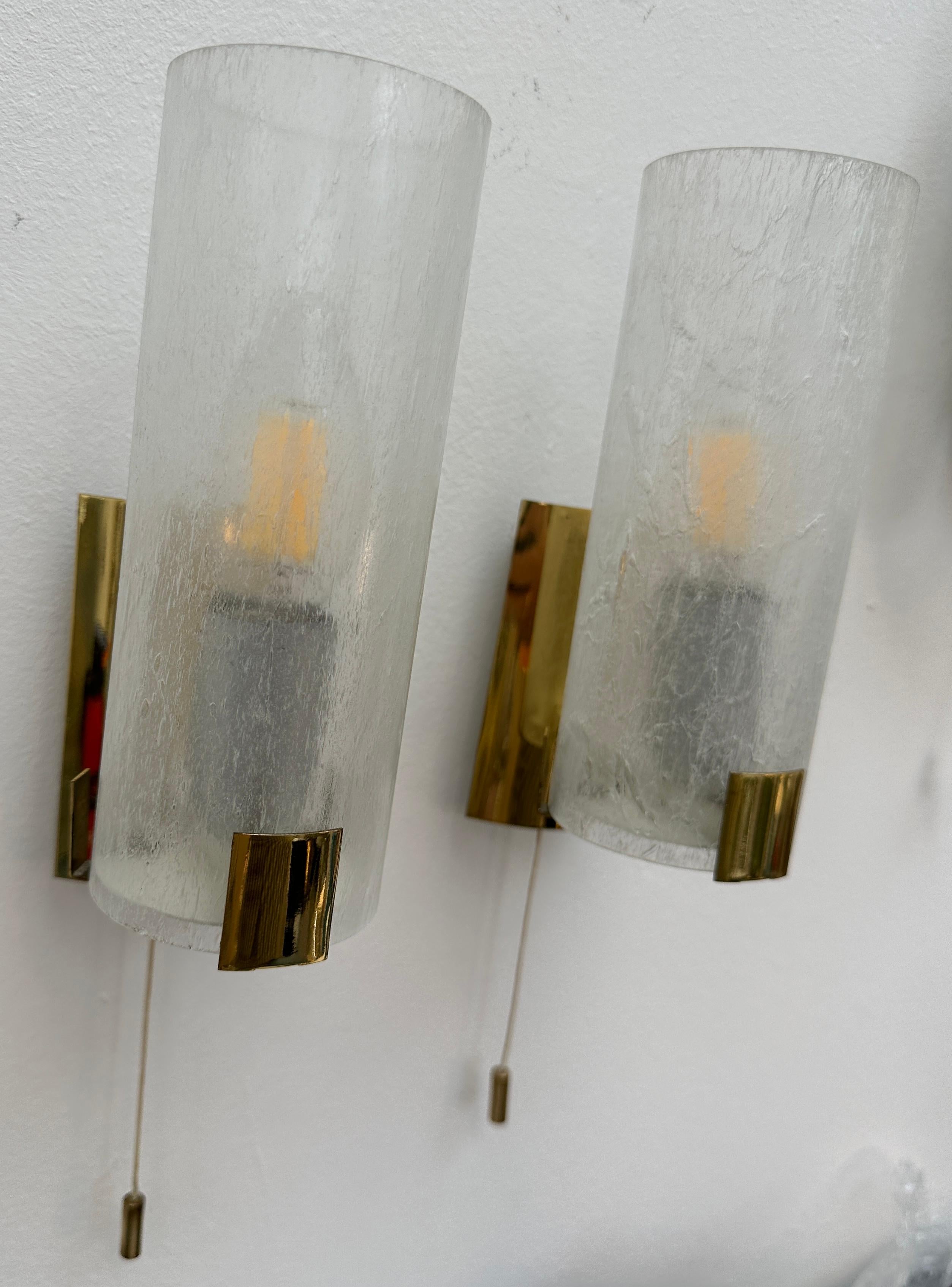 Pair 1970s German Tubular Frosted Glass Wall Lights Sconces Doria Leuchten Style For Sale 4