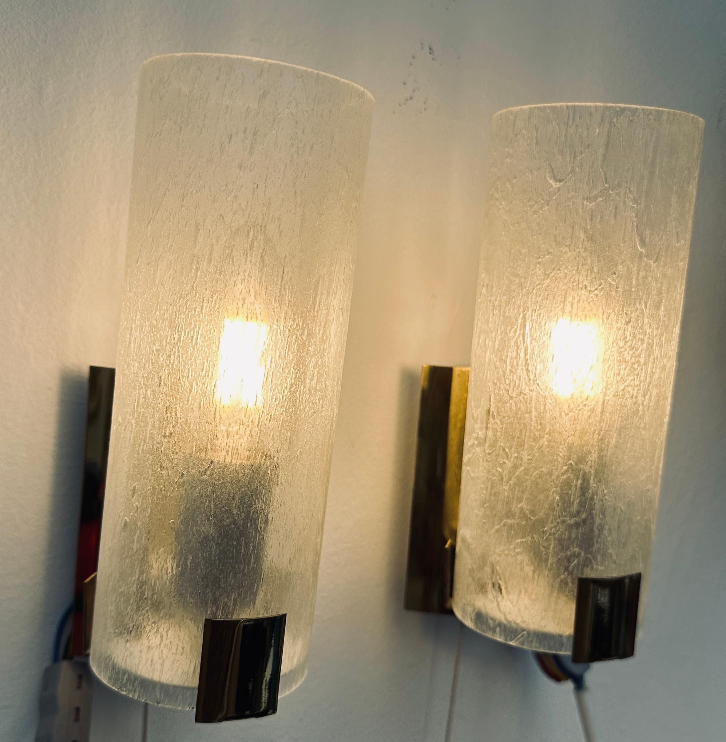 Mid-Century Modern Pair 1970s German Tubular Frosted Glass Wall Lights Sconces Doria Leuchten Style For Sale