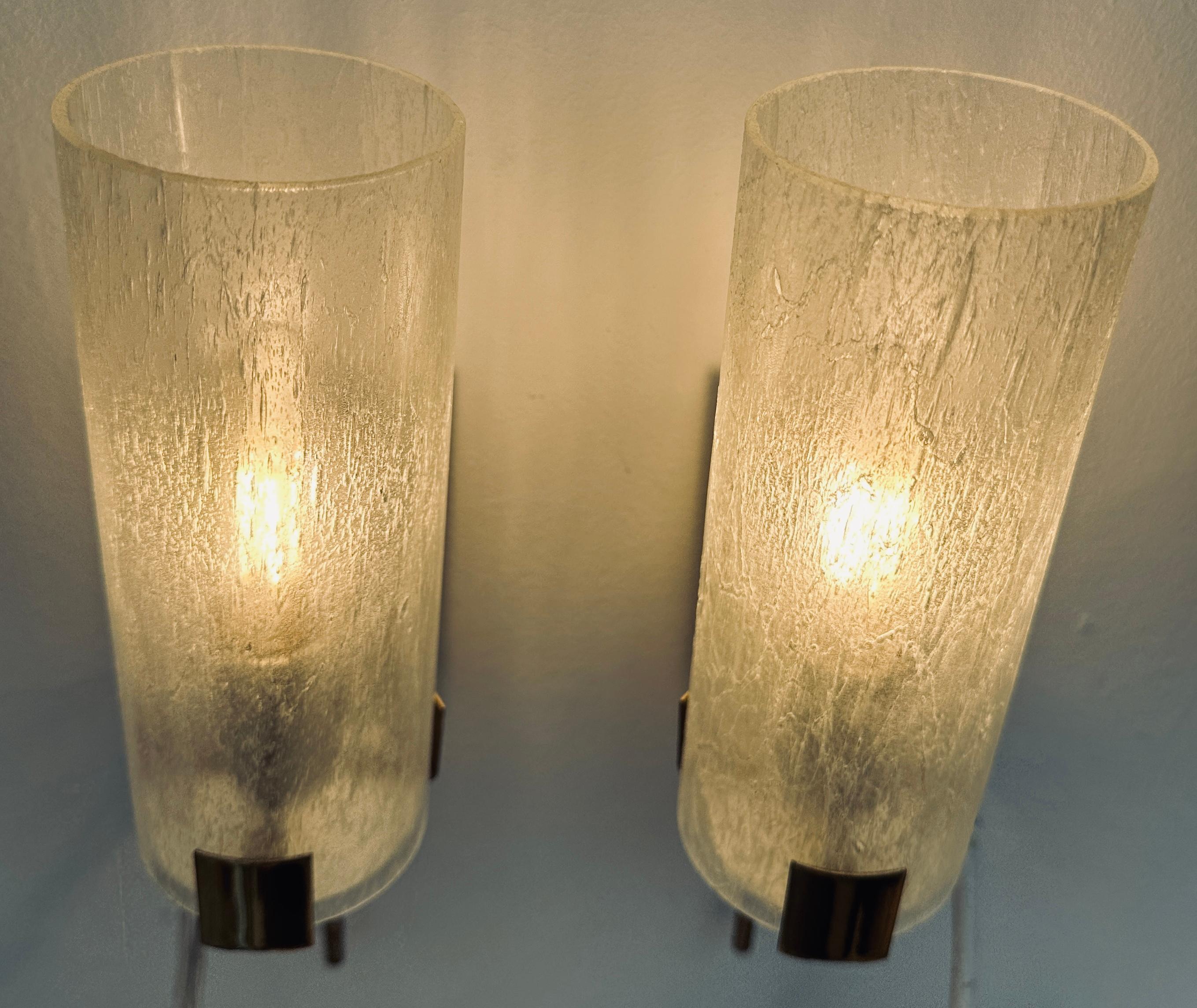 Pair 1970s German Tubular Frosted Glass Wall Lights Sconces Doria Leuchten Style In Good Condition For Sale In London, GB