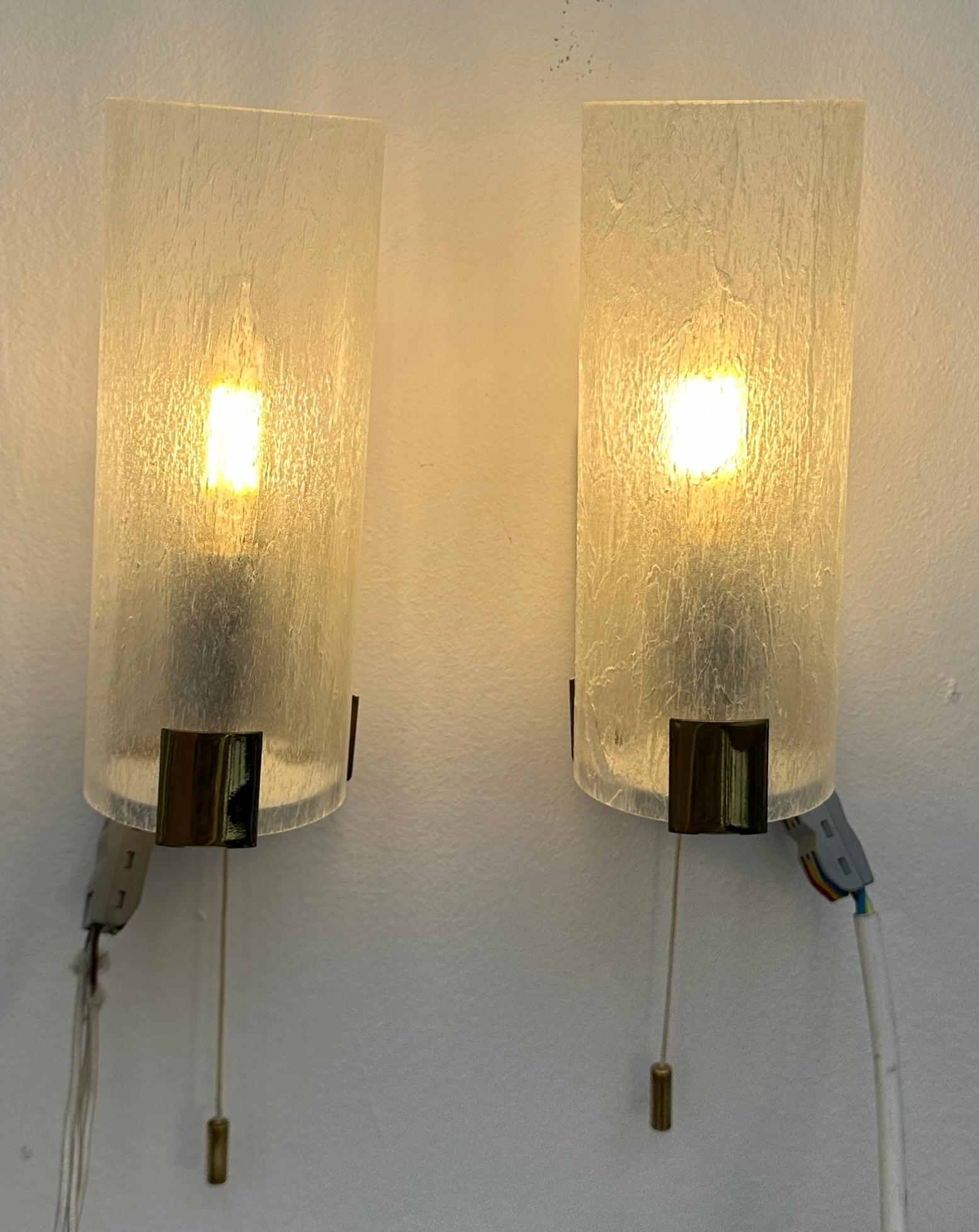 20th Century Pair 1970s German Tubular Frosted Glass Wall Lights Sconces Doria Leuchten Style For Sale
