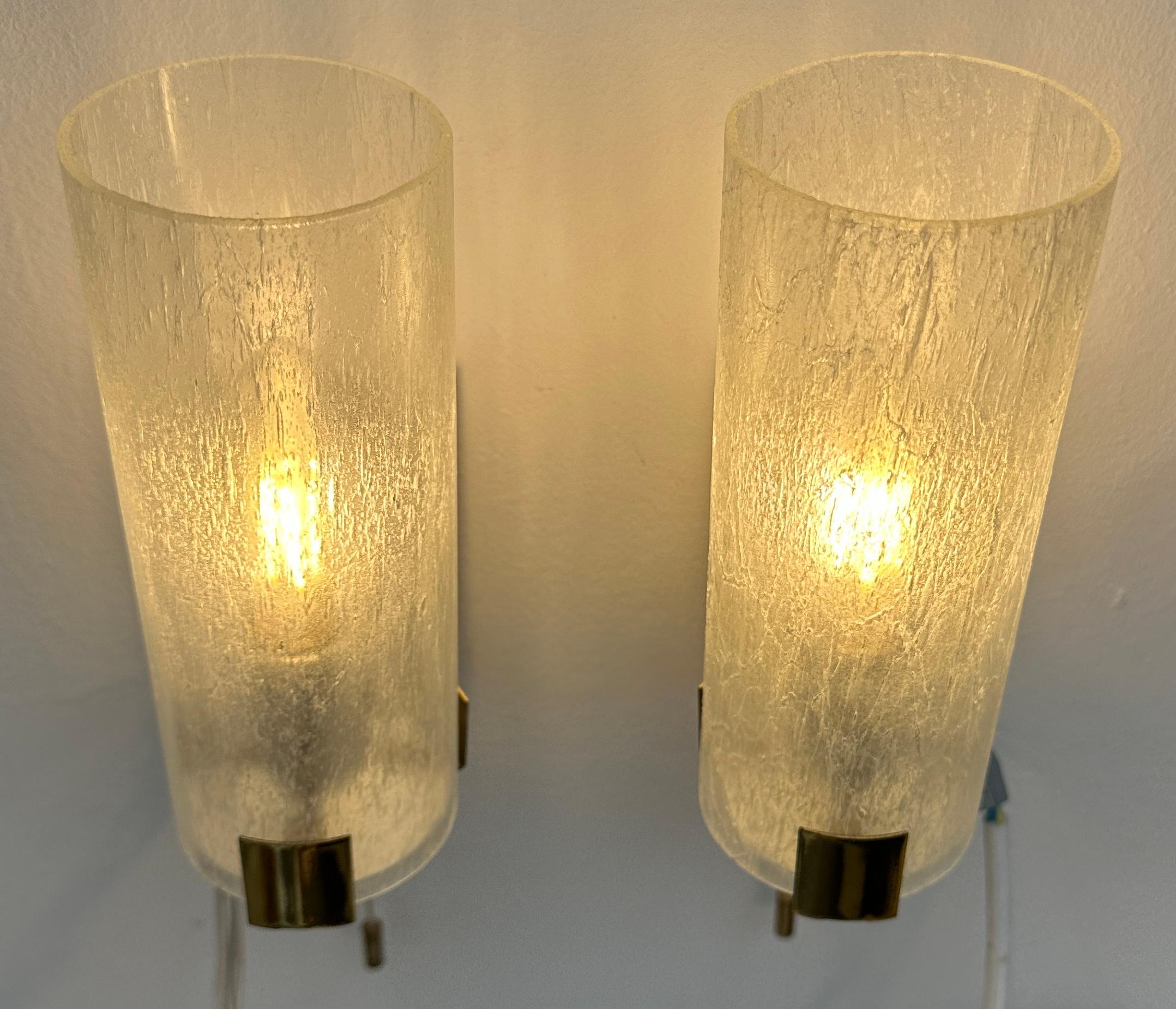 Metal Pair 1970s German Tubular Frosted Glass Wall Lights Sconces Doria Leuchten Style For Sale