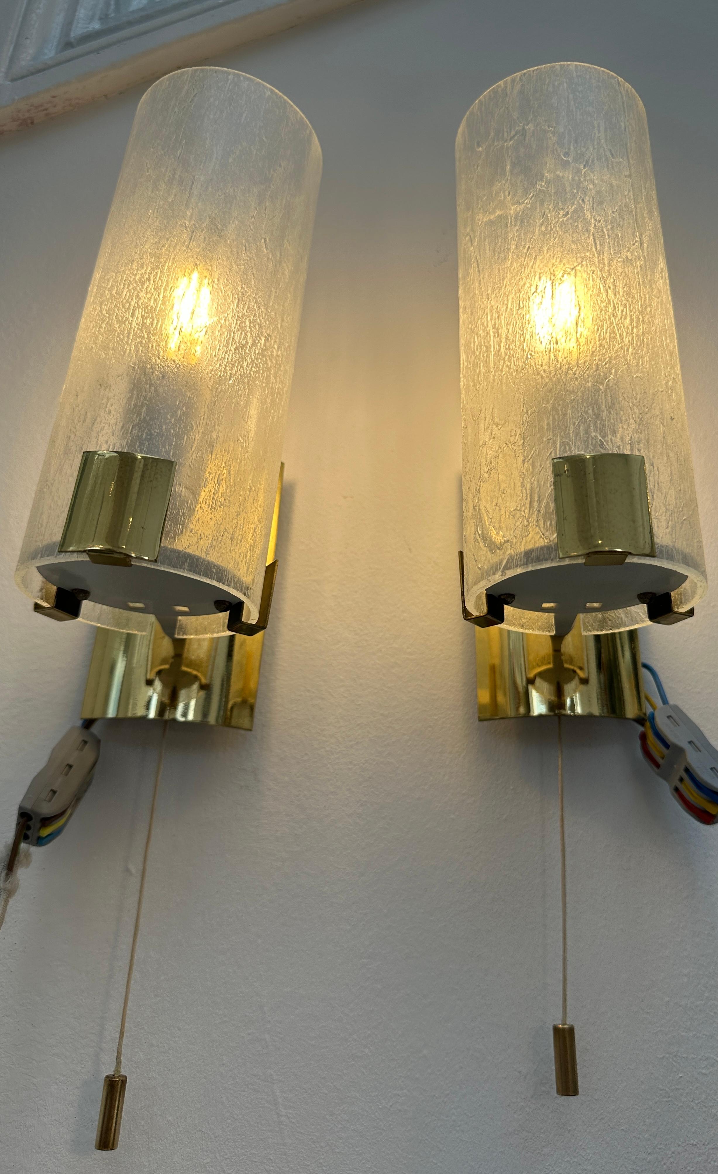 Pair 1970s German Tubular Frosted Glass Wall Lights Sconces Doria Leuchten Style For Sale 1