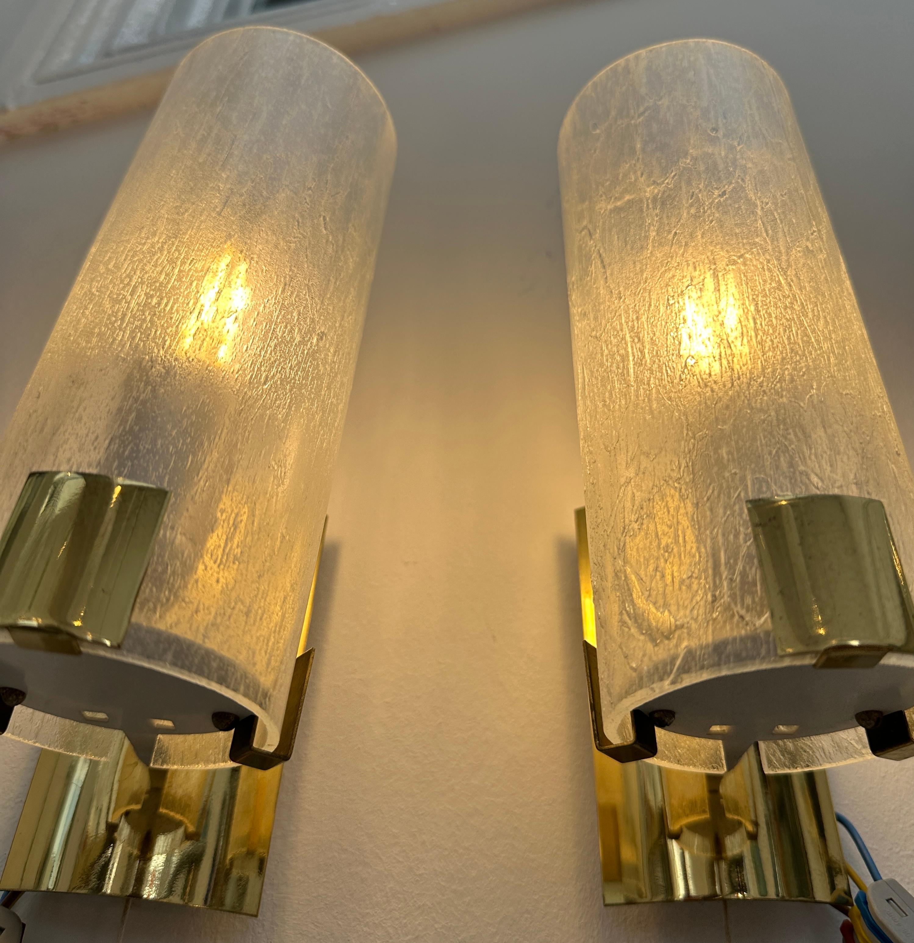 Pair 1970s German Tubular Frosted Glass Wall Lights Sconces Doria Leuchten Style For Sale 2