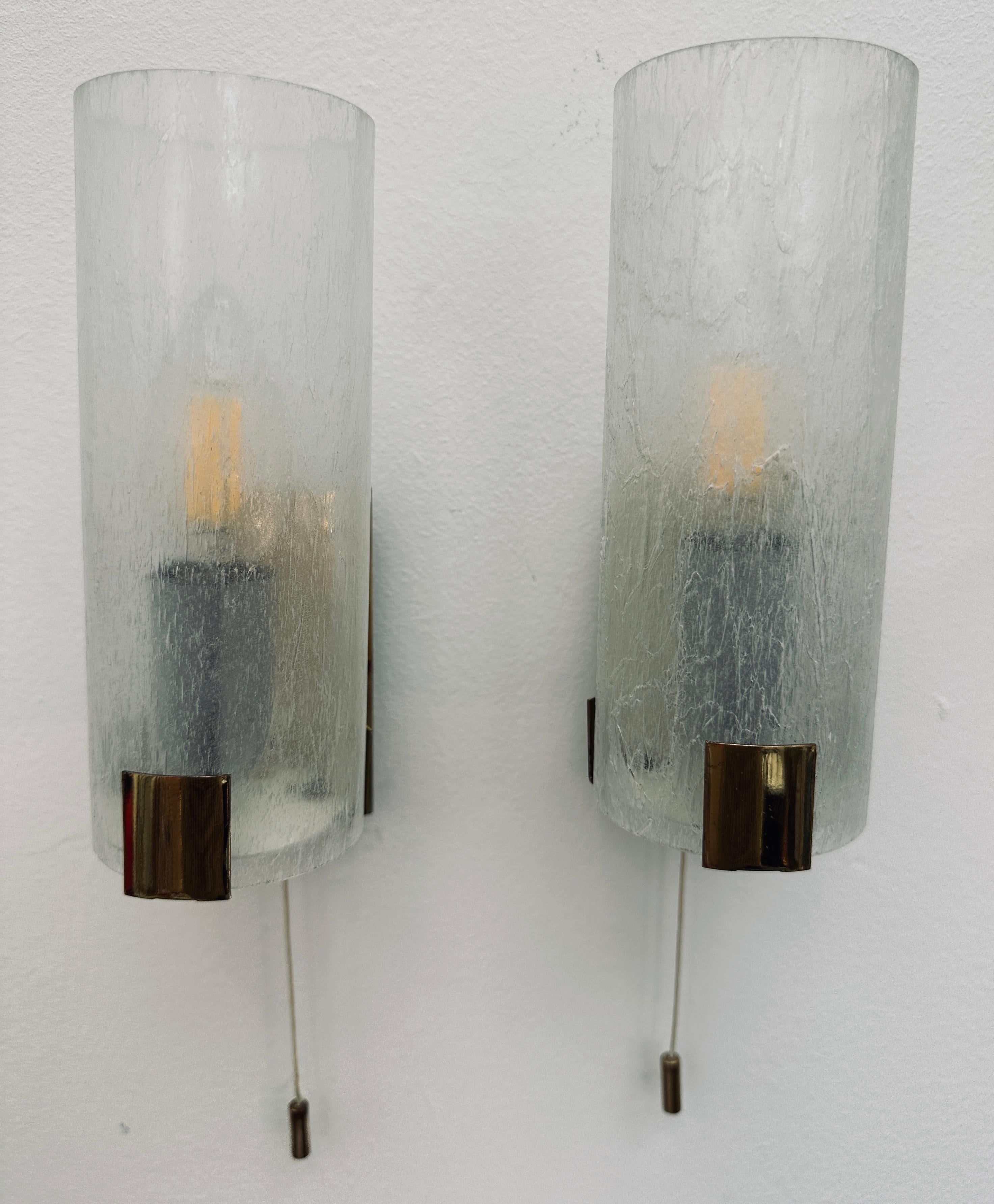 Pair 1970s German Tubular Frosted Glass Wall Lights Sconces Doria Leuchten Style For Sale 3