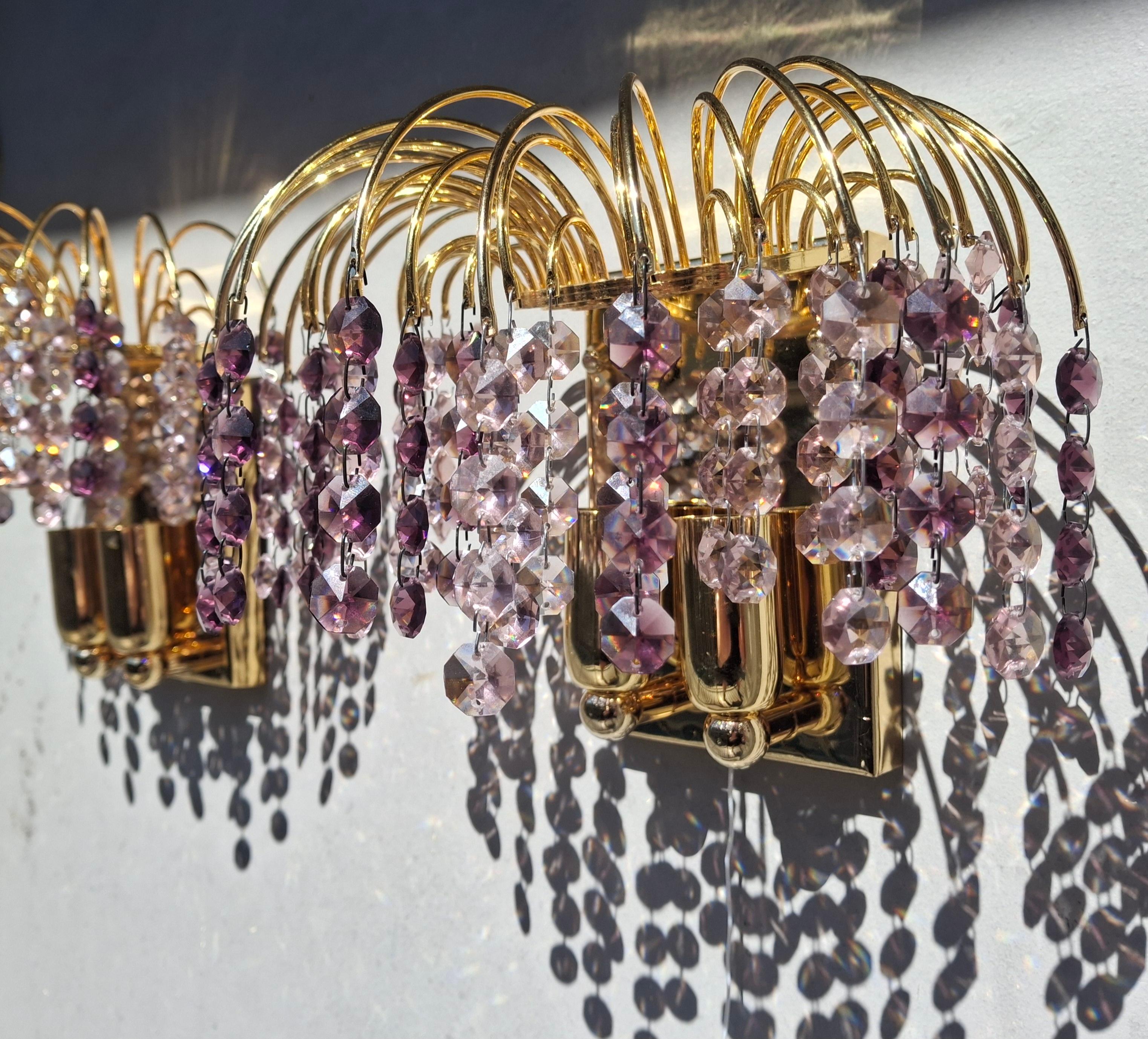 Paire d'appliques à cascade en cristal taillé en améthyste, Hollywood Regency, 1970, par Palwa en vente 4