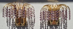 Pair 1970's Hollywood Regency Amethyst Cut Crystal Waterfall Sconces by Palwa