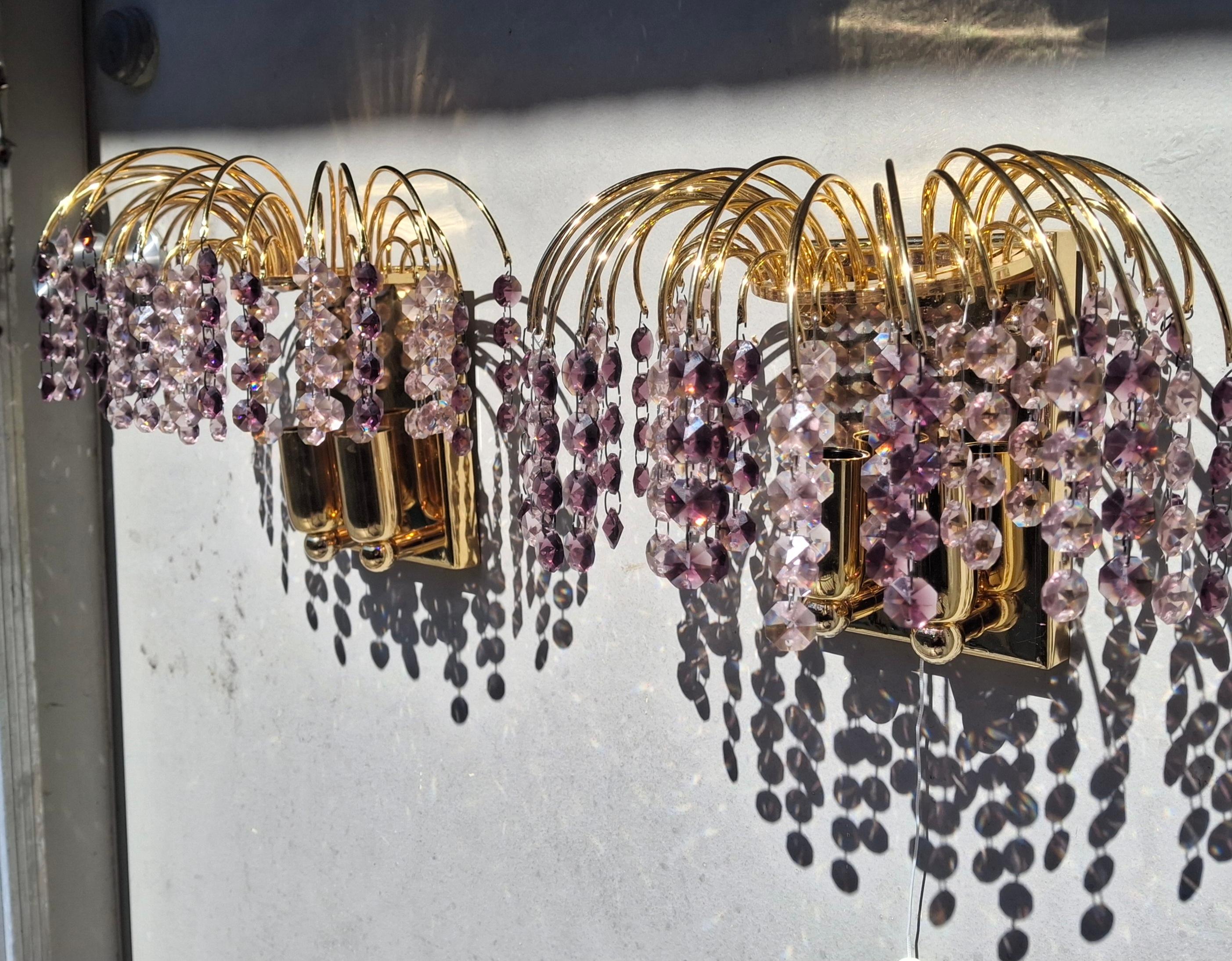 Paire d'appliques à cascade en cristal taillé en améthyste, Hollywood Regency, 1970, par Palwa en vente 2