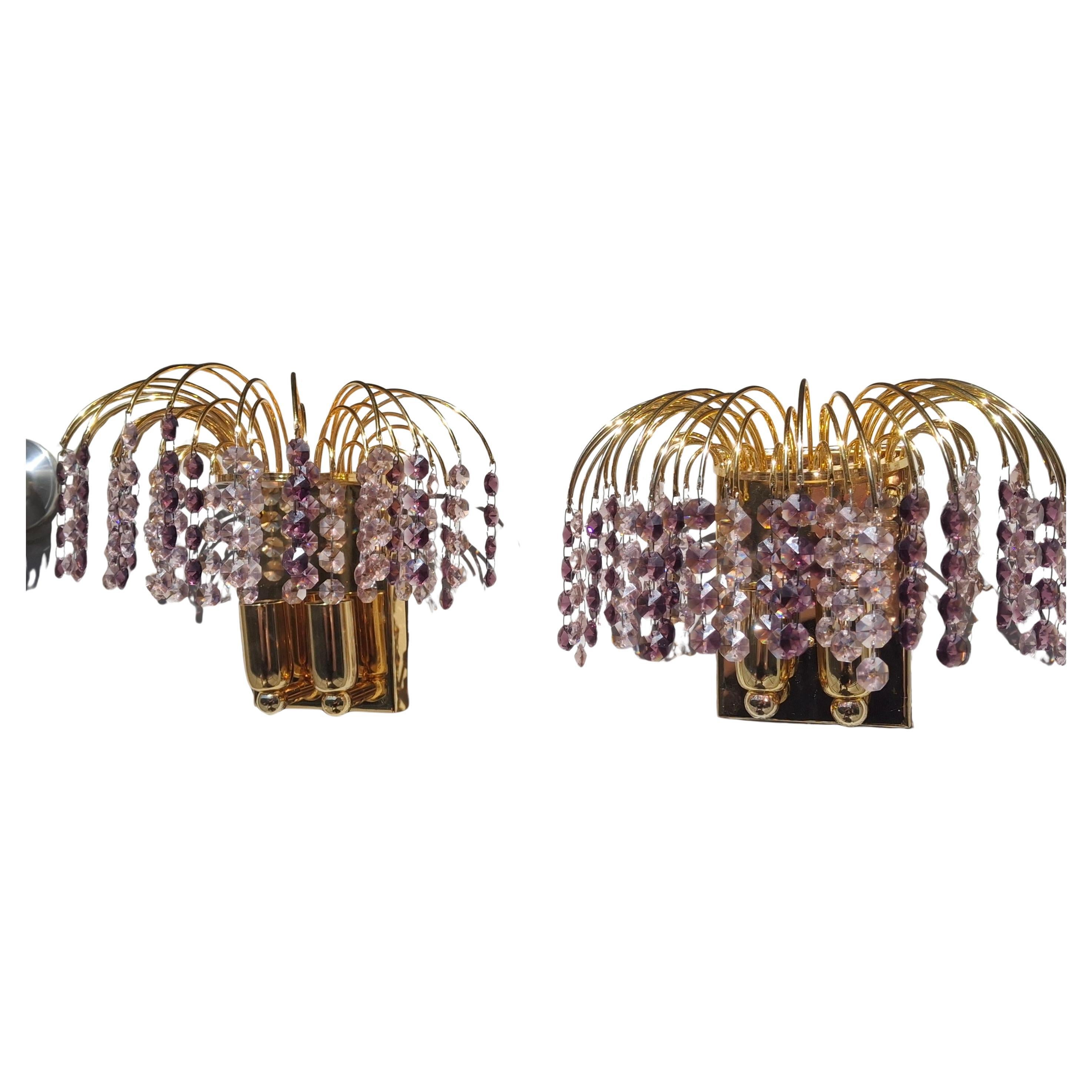 Paire d
appliques à cascade en cristal taillé en améthyste, Hollywood Regency, 1970, par Palwa en vente