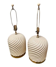 Pareja Lámparas de Sobremesa de Latón Cerámico Tomasso Barbi Italia Años 70