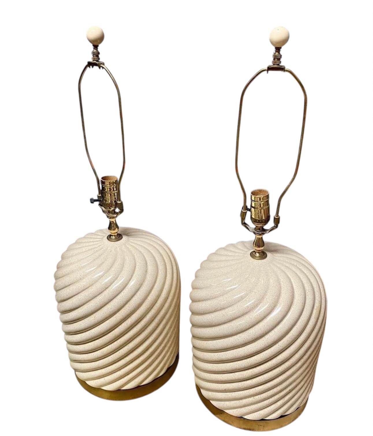 Hollywood Regency Pair 1970's Italian Tomasso Barbi Ceramic Brass Table Lamps Italy For Sale