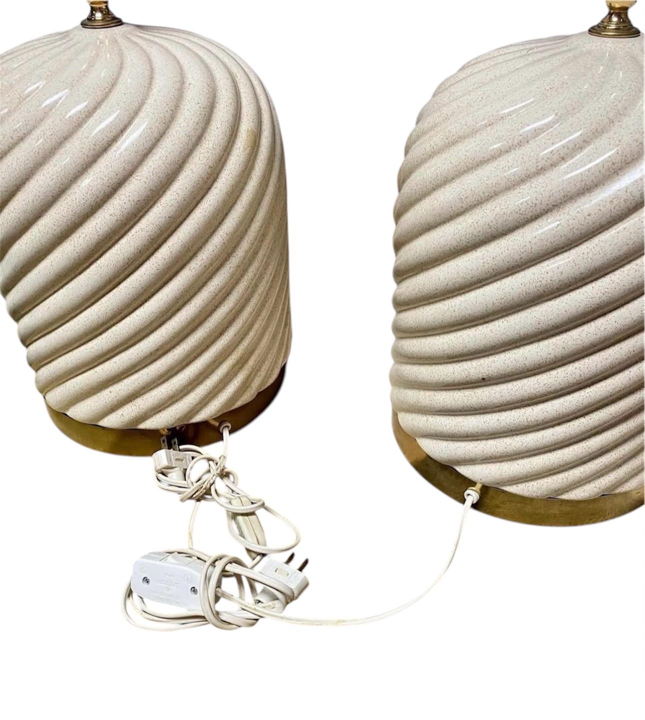 Late 20th Century Pair 1970's Italian Tomasso Barbi Ceramic Brass Table Lamps Italy For Sale