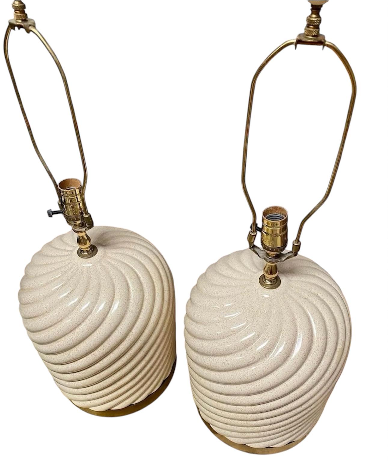 Pair 1970's Italian Tomasso Barbi Ceramic Brass Table Lamps Italy For Sale 1