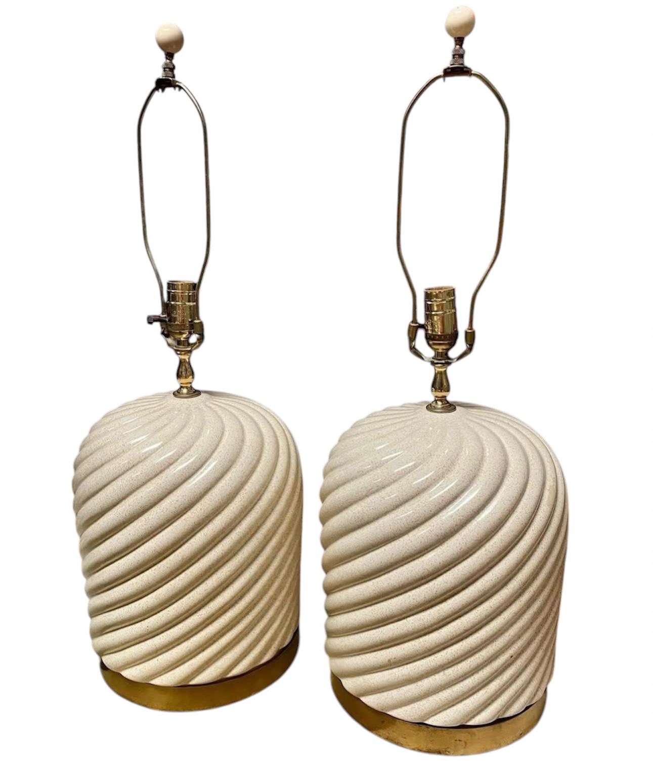 Pair 1970's Italian Tomasso Barbi Ceramic Brass Table Lamps Italy For Sale 2