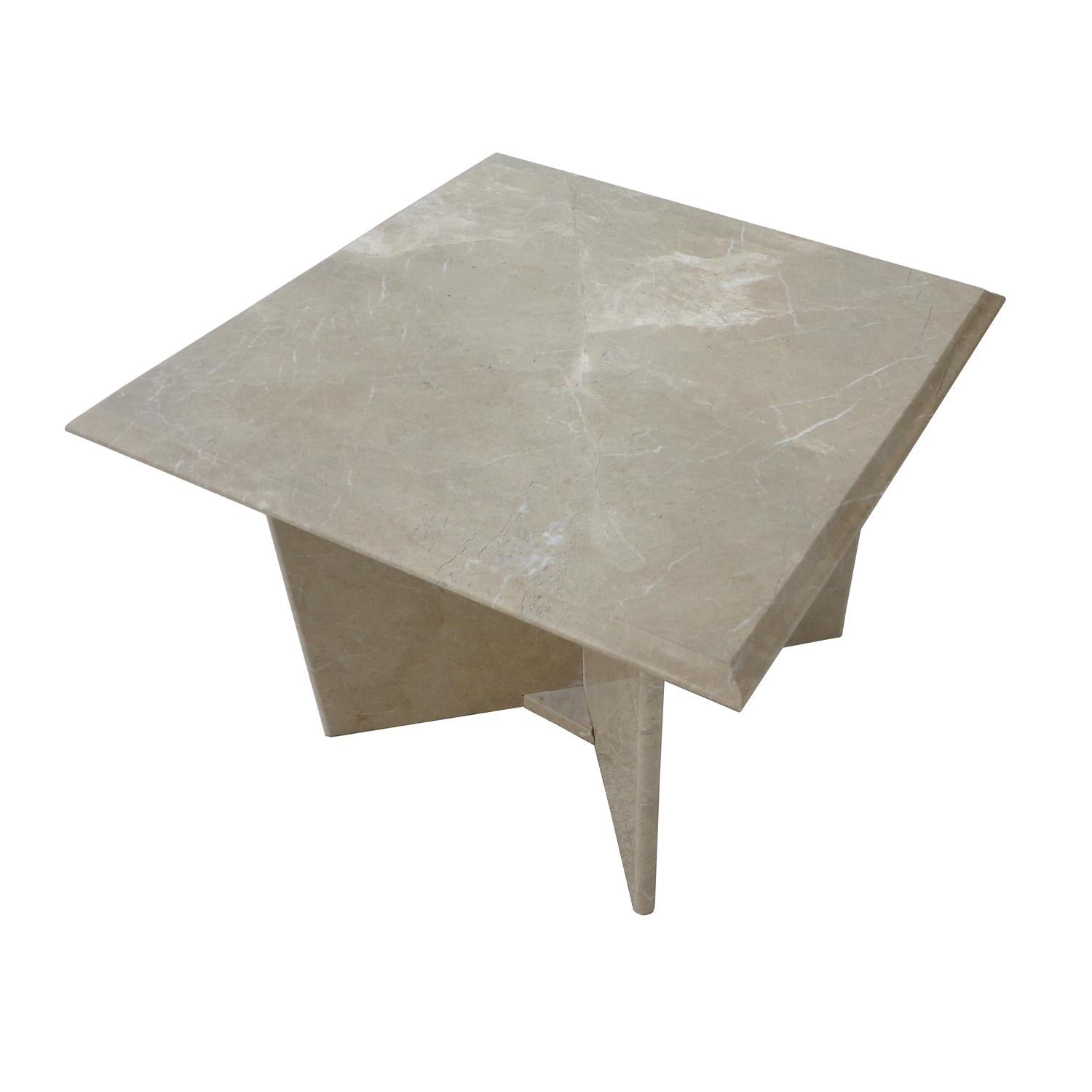 Travertine pedestal side tables
1970s

Square top with an ogee edge.
Base consists of 4 slabs that attach into a star configuration. 
 

 
  