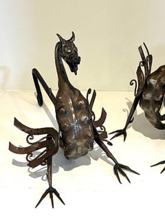 Pair 1970s Italian Wrought Iron Dragon Sculpture Fireplace Andirons