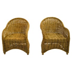 Pair 1970s Kids Bohemian Style Rattan Lounge Chairs Handmade Mid-Century Modern