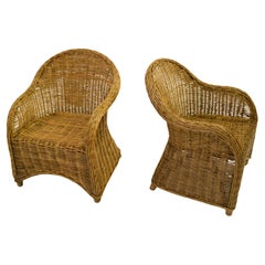 Pair 1970s Kids Bohemian Style Rattan Lounge Chairs Handmade Mid-Century Modern