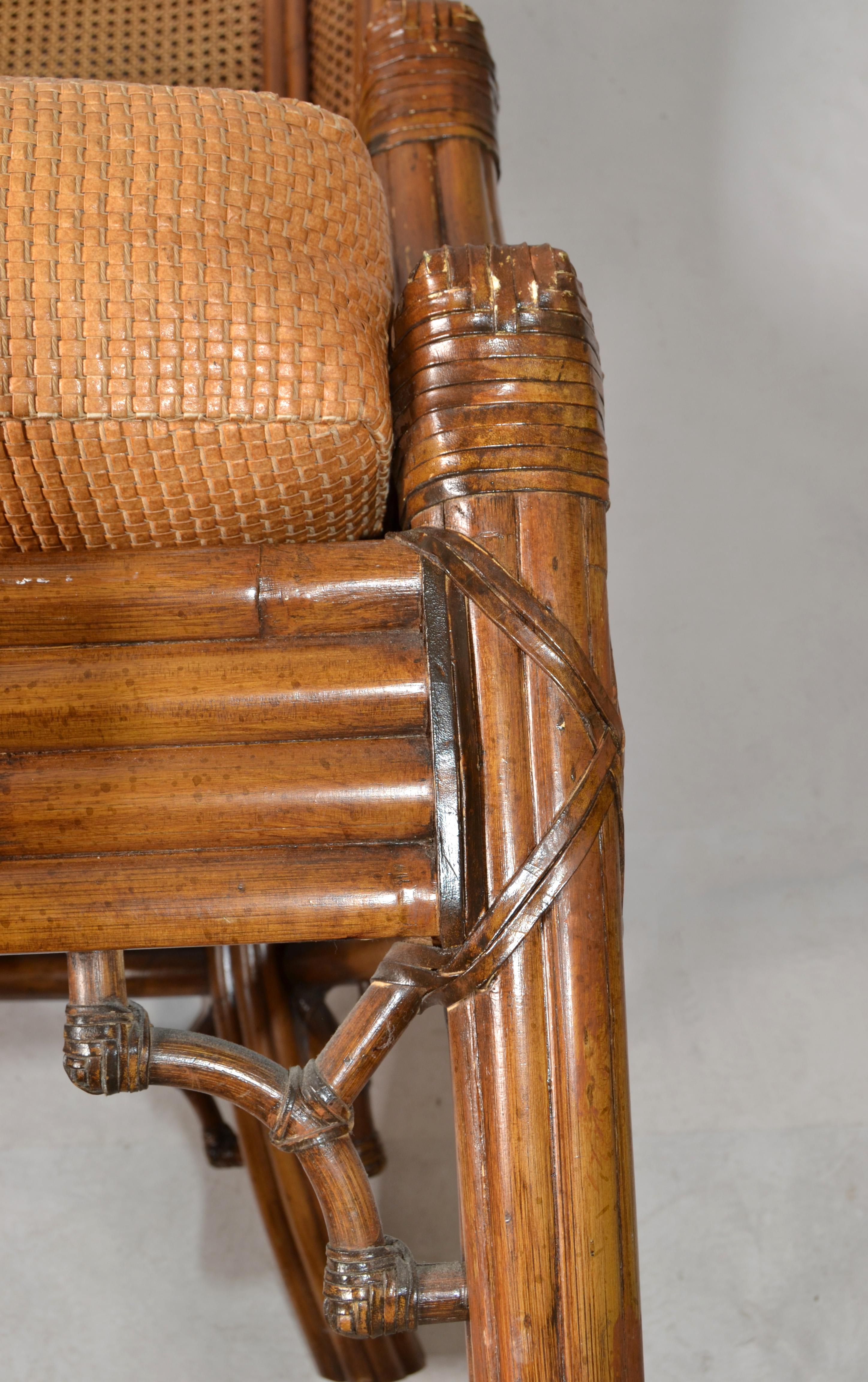 20th Century Pair 1970s Lane Venture Carved Faux Bamboo Handwoven Caning Wingback Chairs USA For Sale