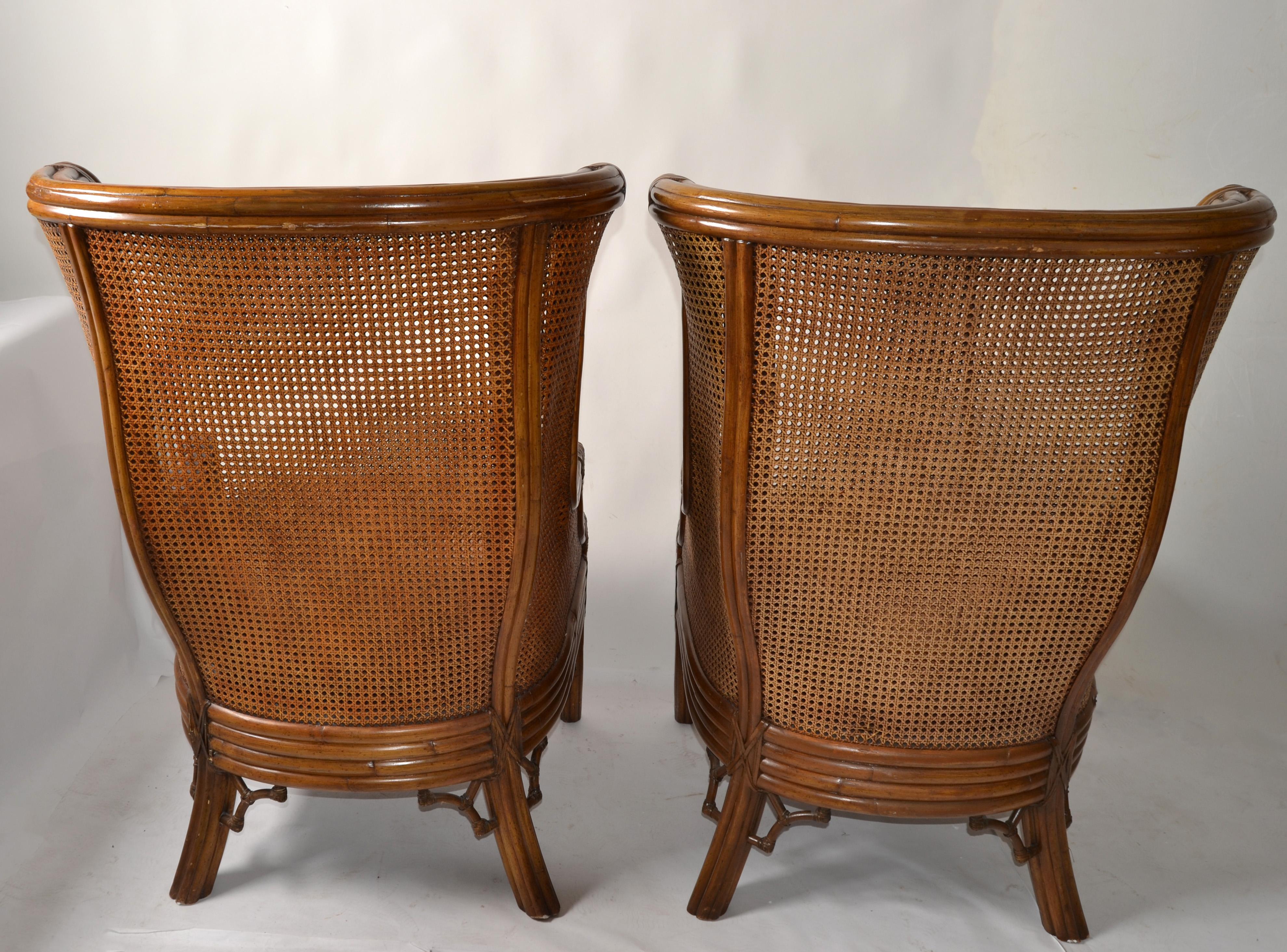 Pair 1970s Lane Venture Carved Faux Bamboo Handwoven Caning Wingback Chairs USA For Sale 1